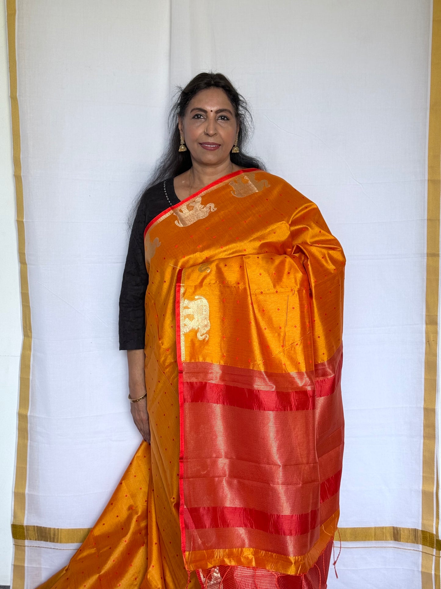 Semi tussar yellow & red saree