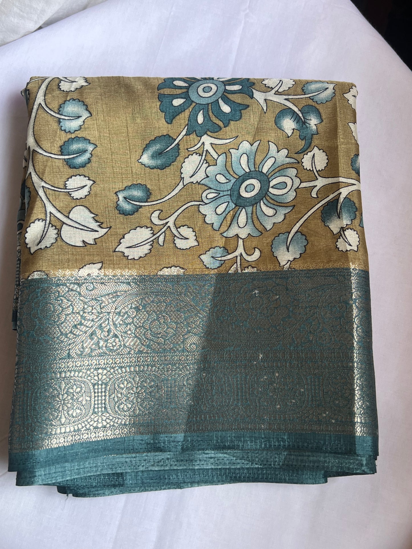 Olive green & blue semi Tussar silk saree