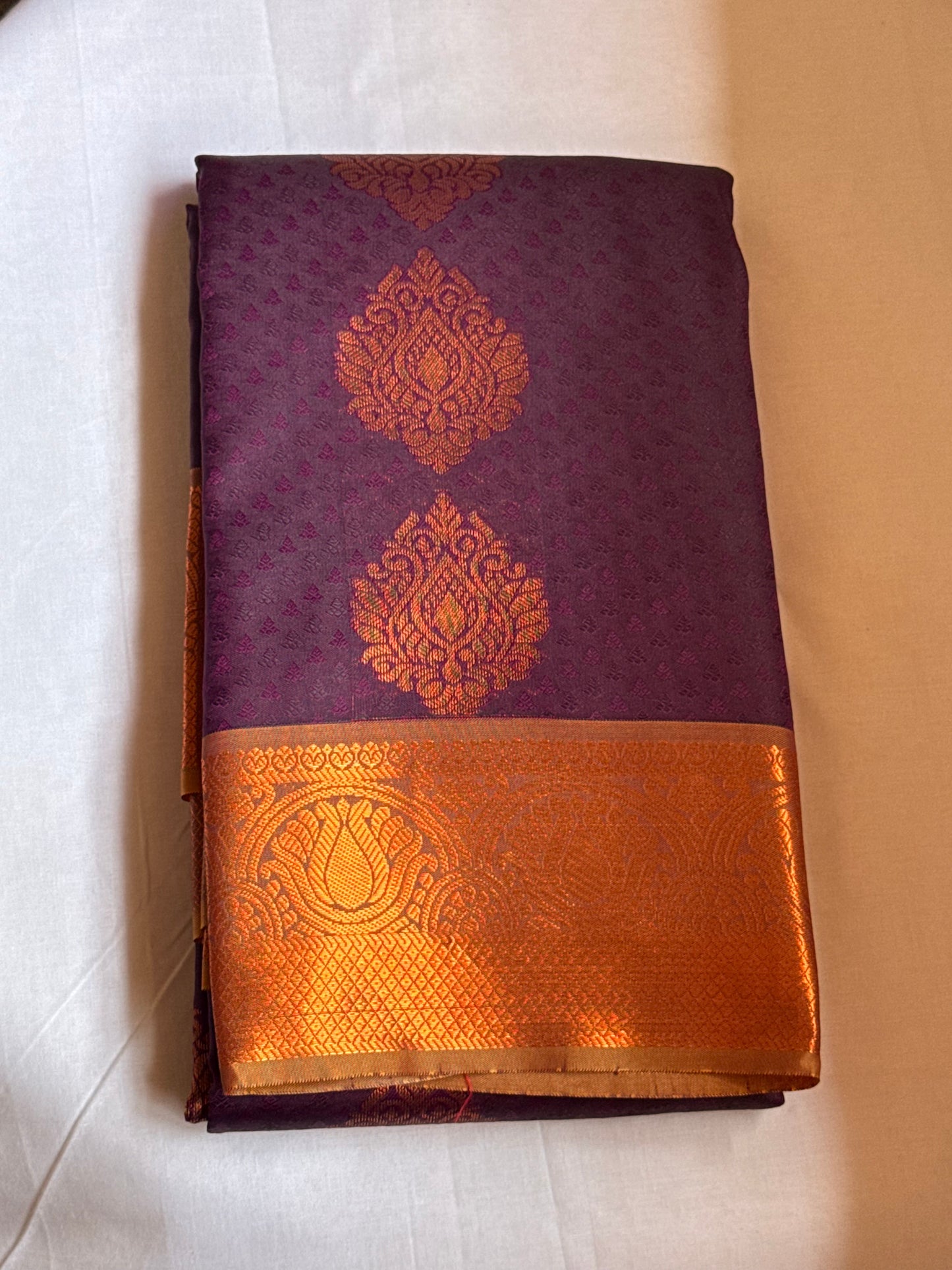 Dark grape & copper gold semi silk saree