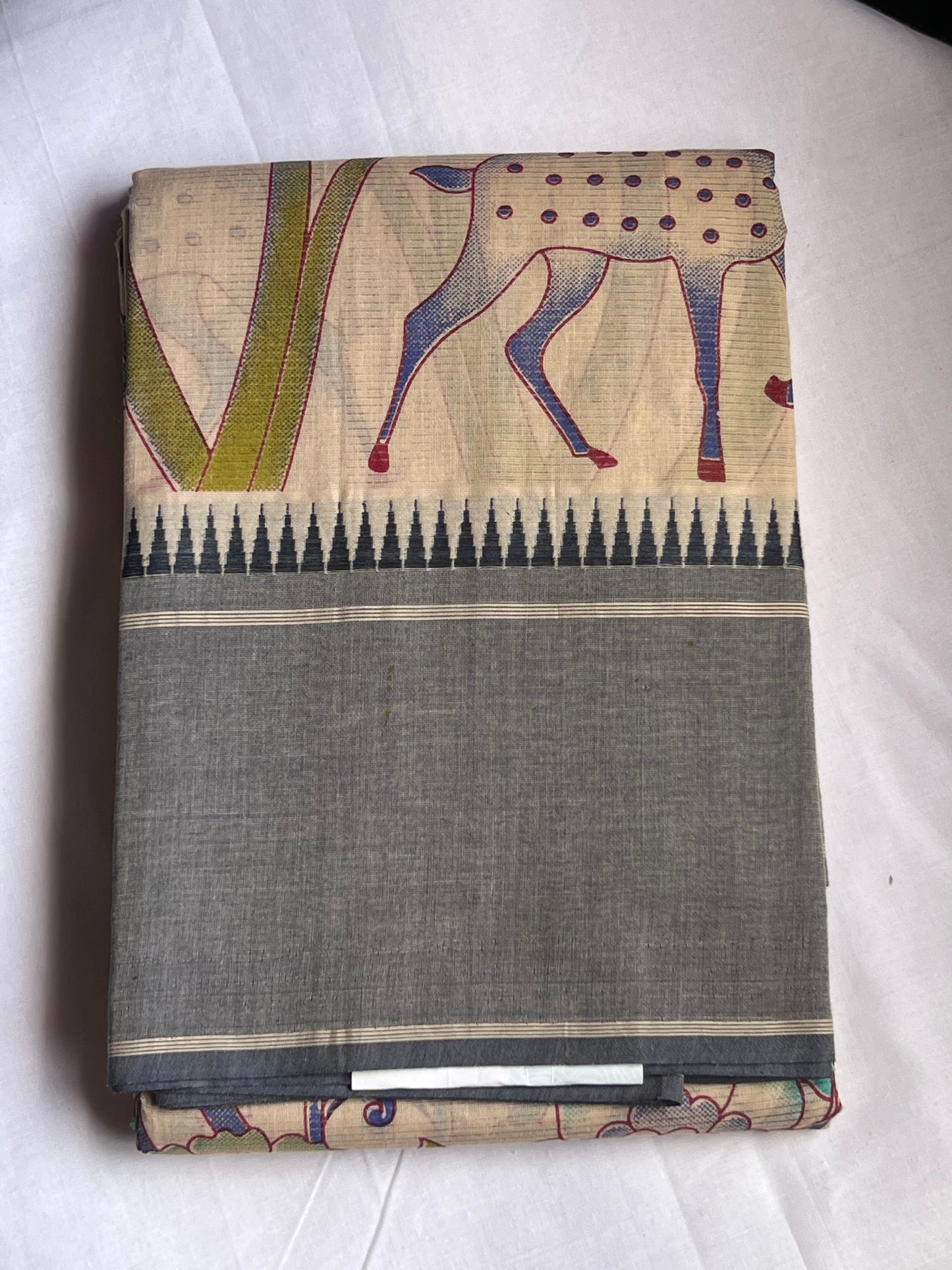 Beige Mangalagiri Block Printed Cotton Saree with Jungle Print