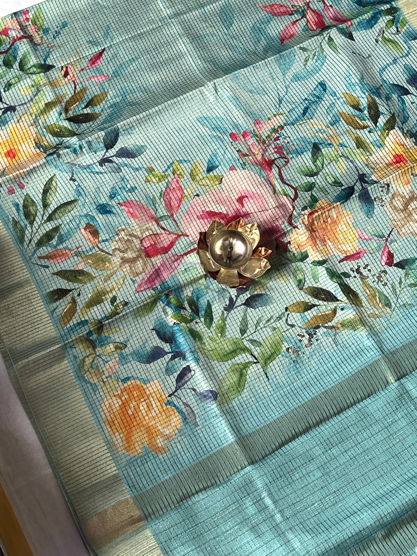 Light blue checked semi tussar silk saree