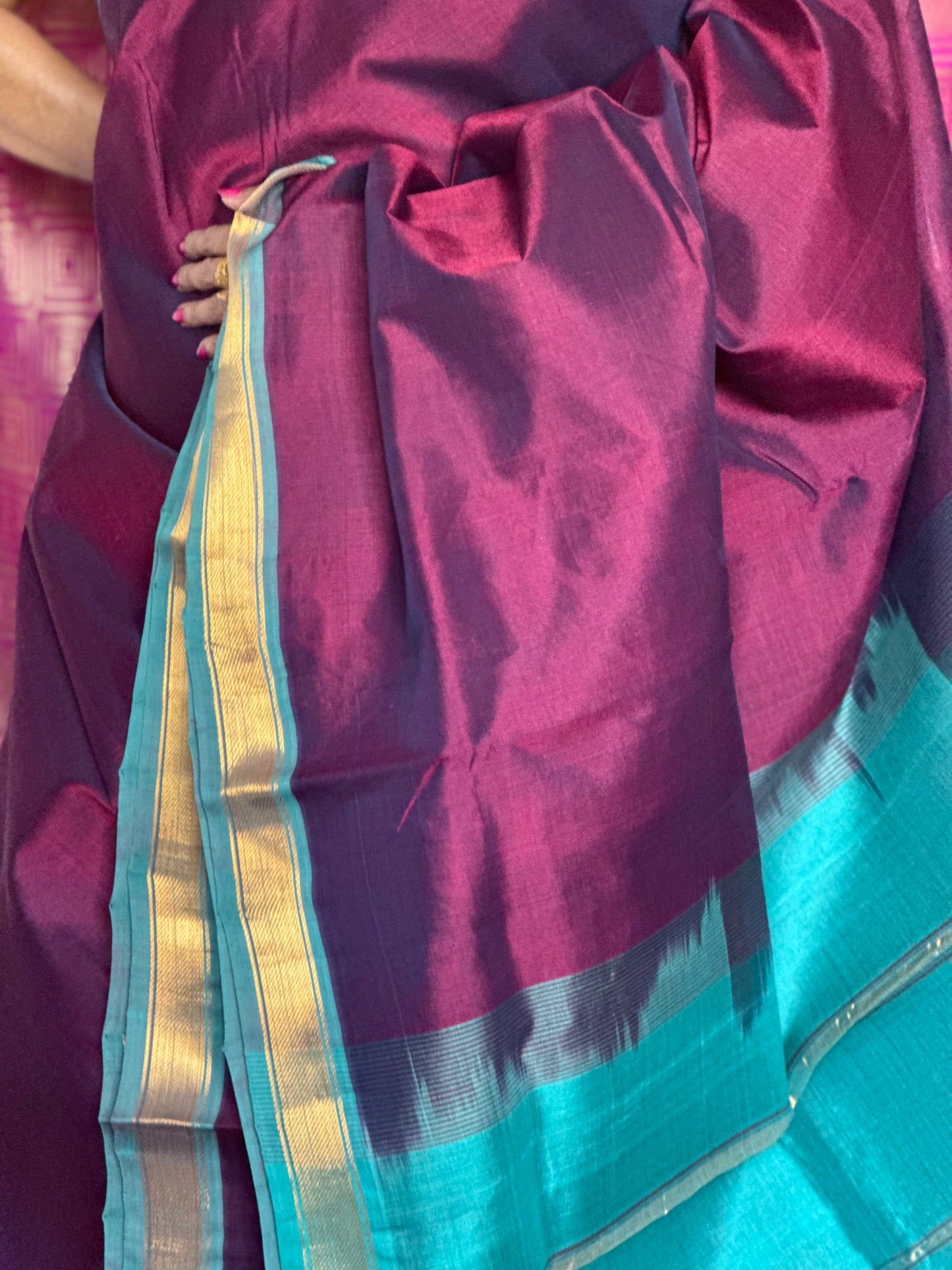 Maroon silk cotton with blue pallu