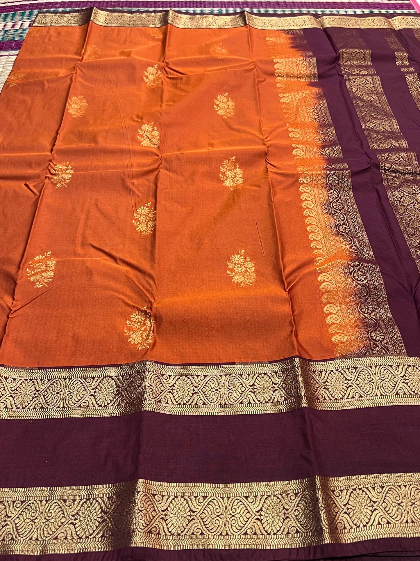 Rust Orange & brown semi silk saree