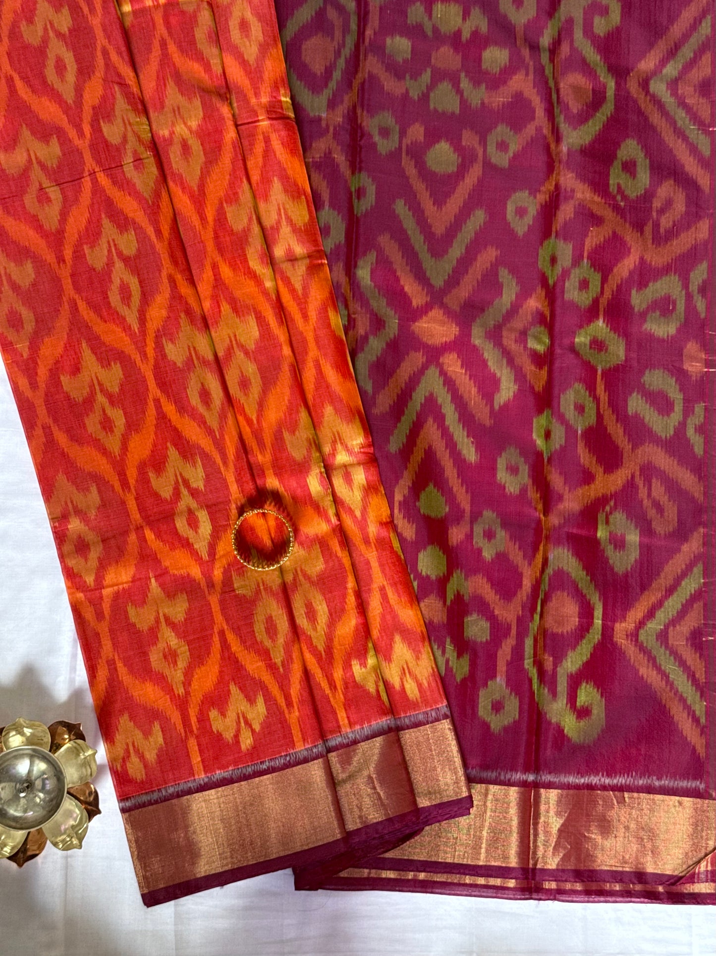 Ikat Silk Cotton - Orange and Red saree