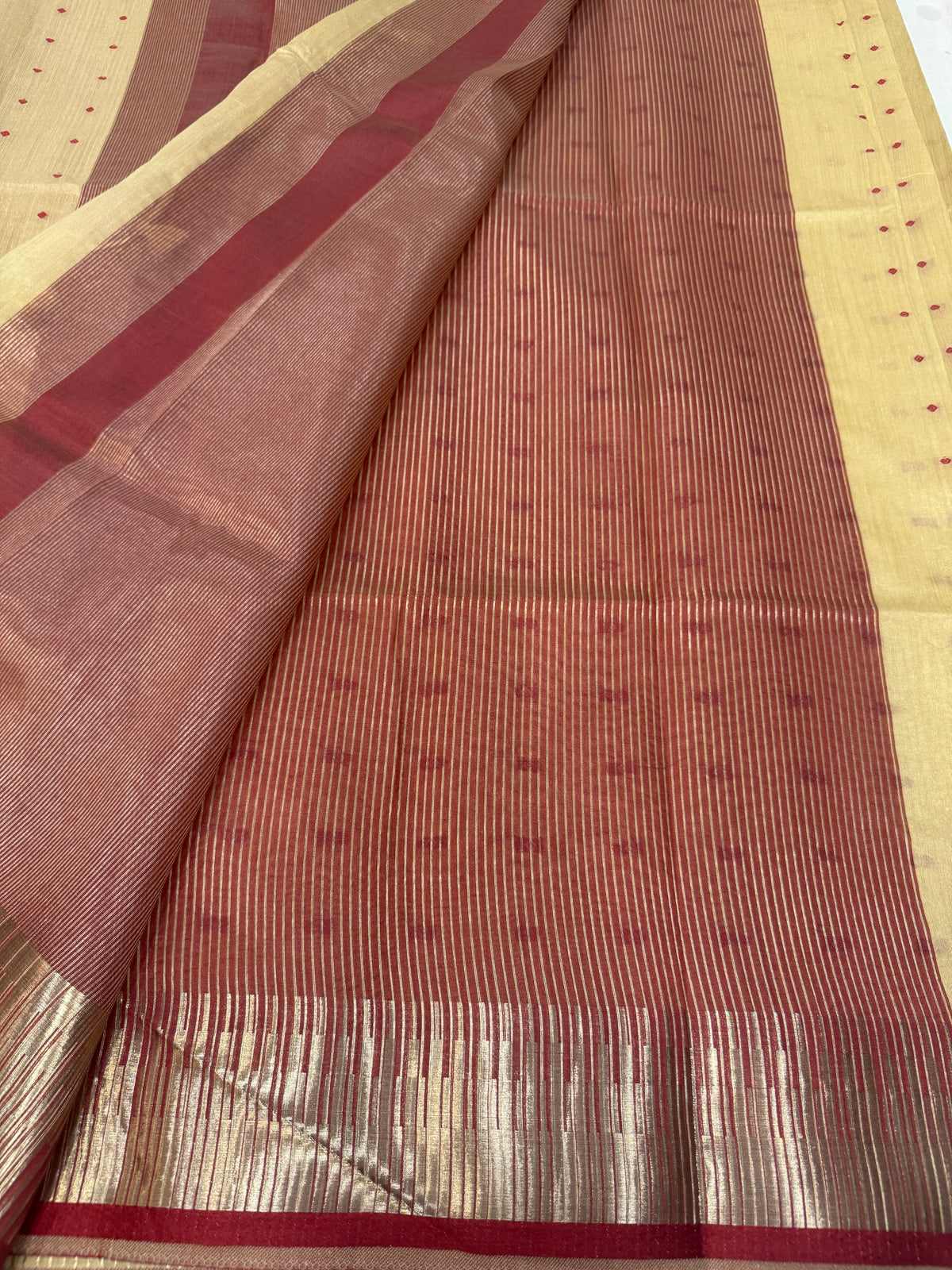 Cream and maroon semi silk saree