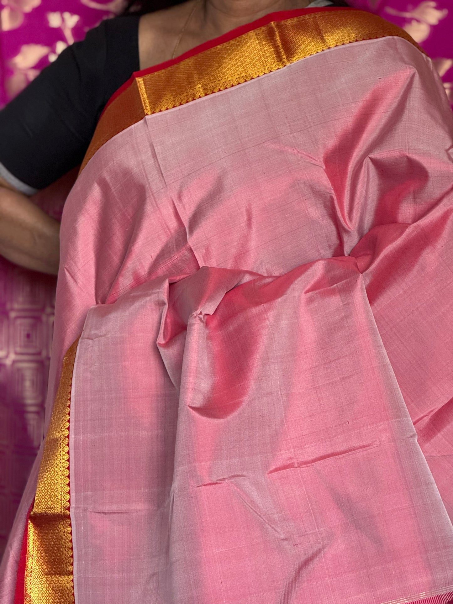 Pure silk saree pink tone with red border