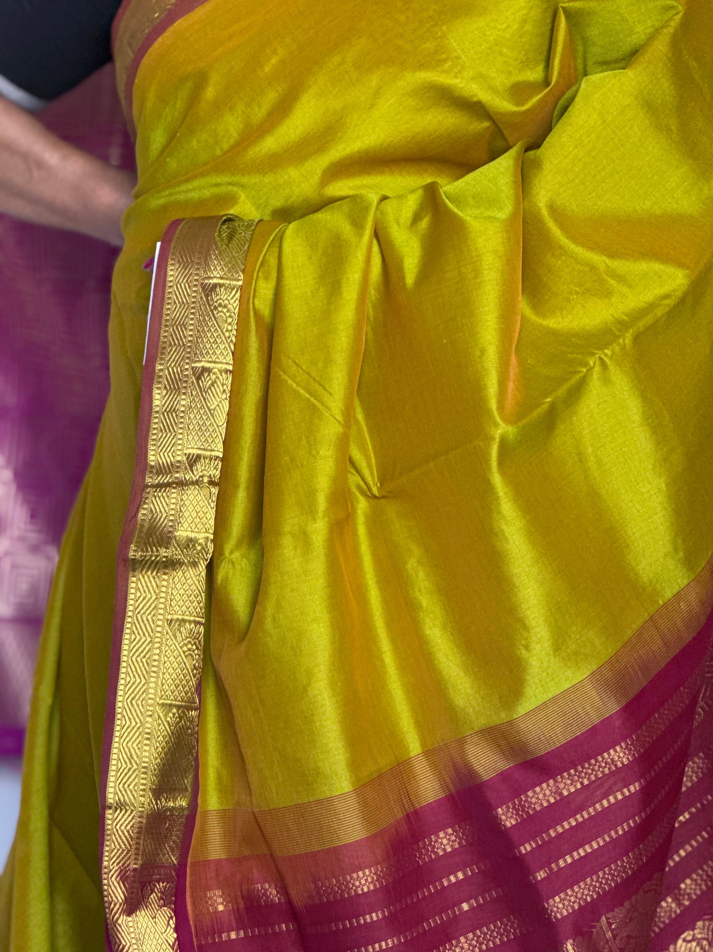 Yellow silk cotton saree with red pallu & border