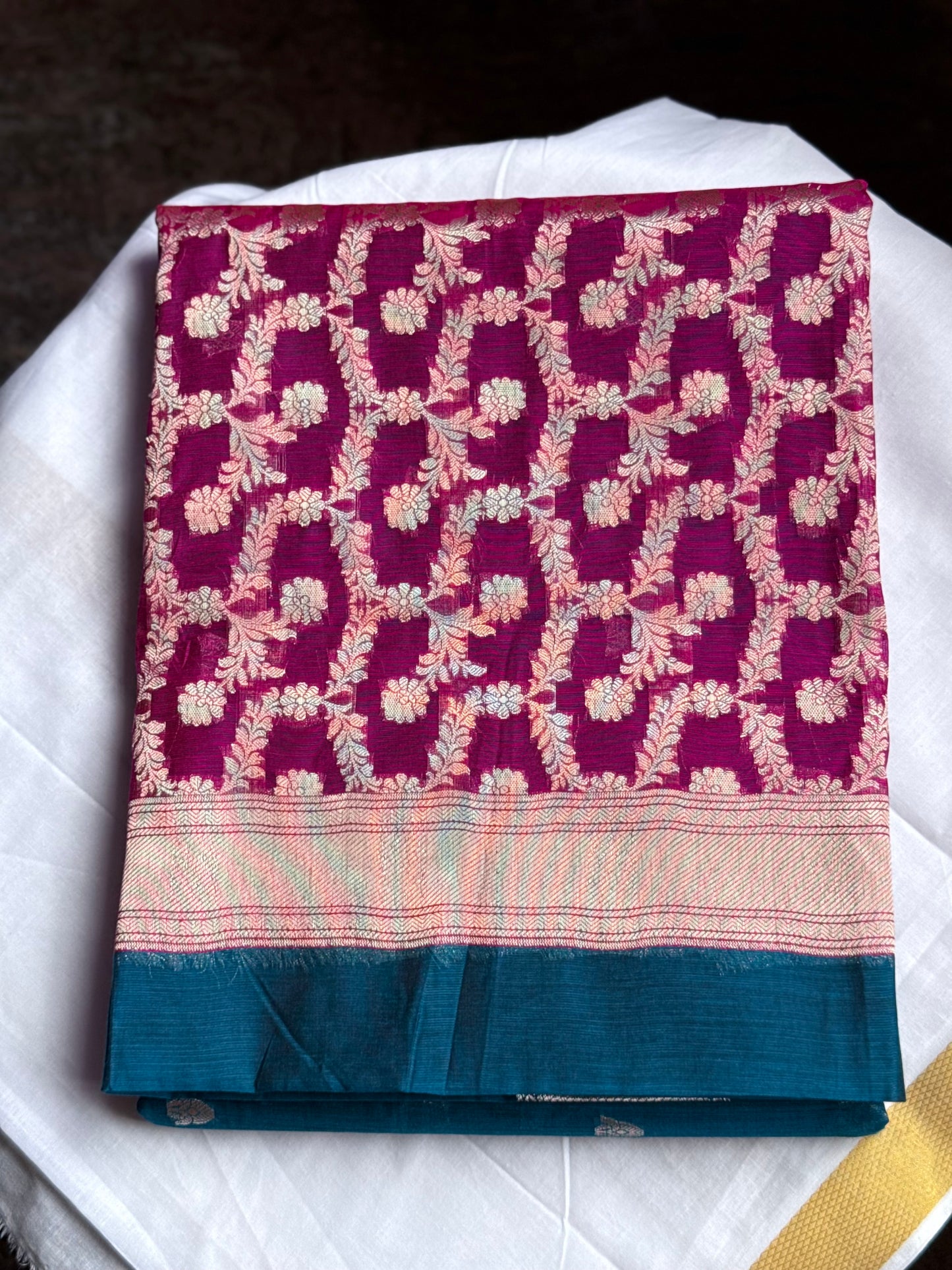 Semi Silk Cotton saree - Blue & Pink