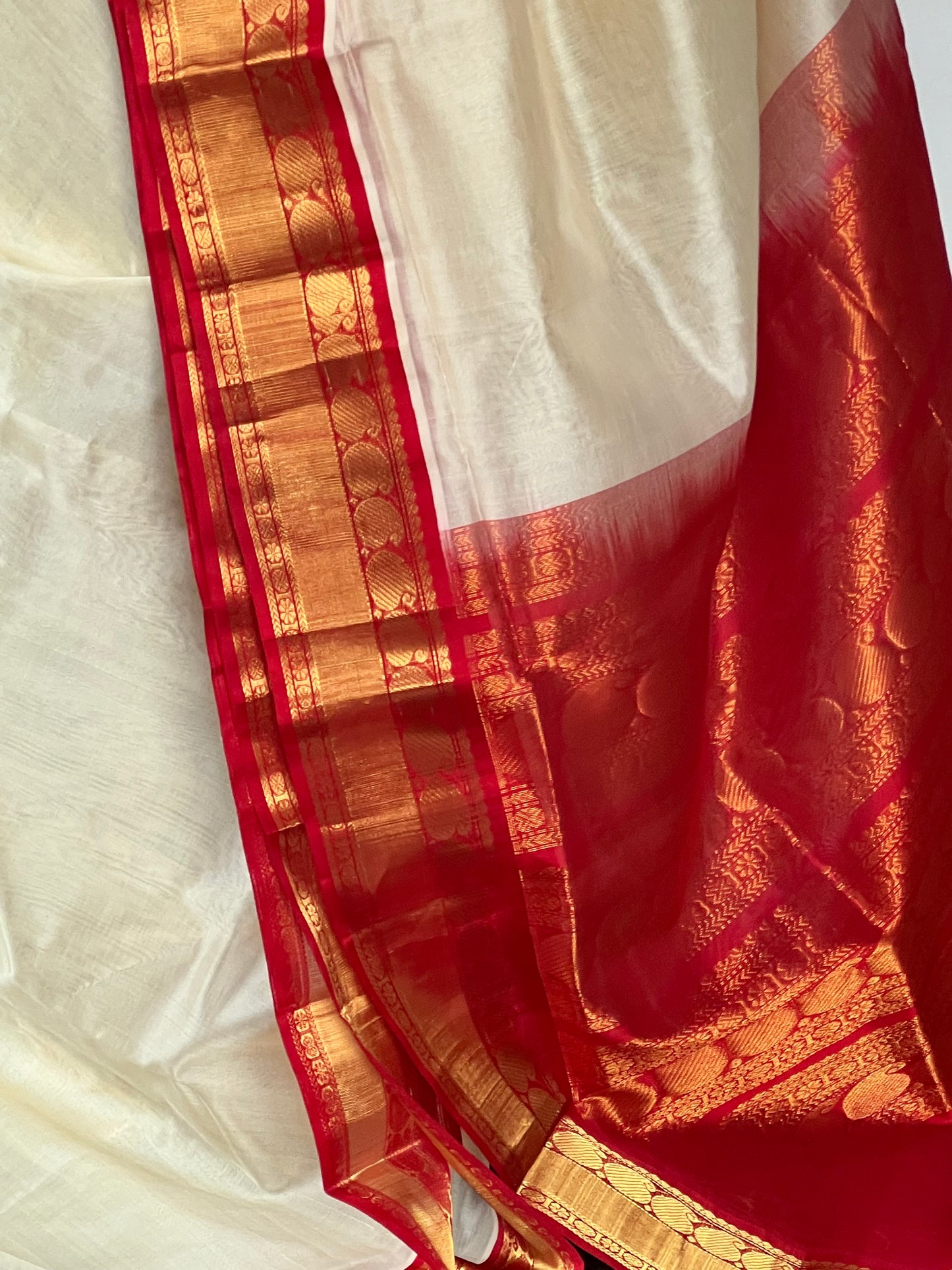 Cream and red kanchivaram silk cotton saree
