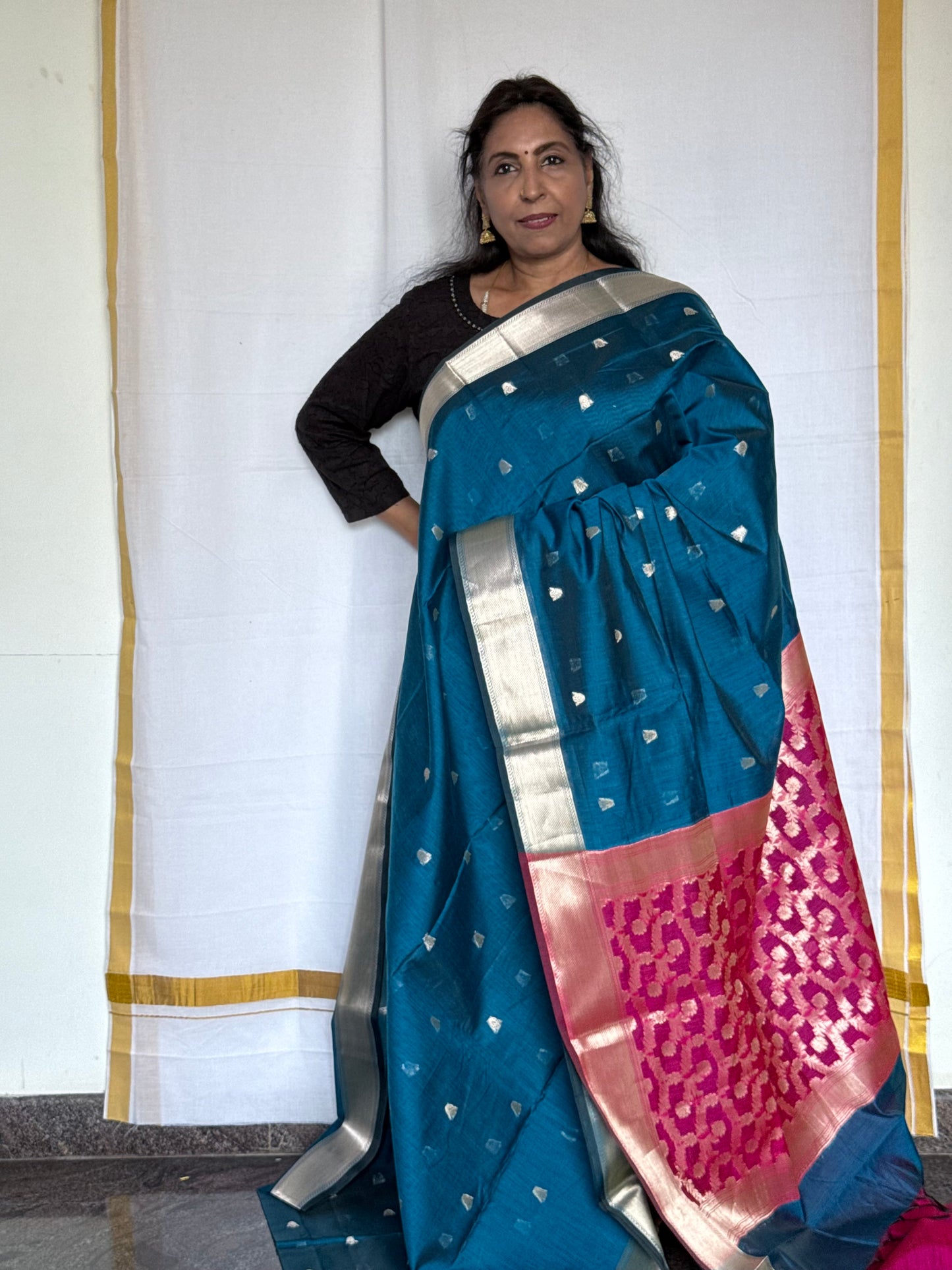 Semi Silk Cotton saree - Blue & Pink
