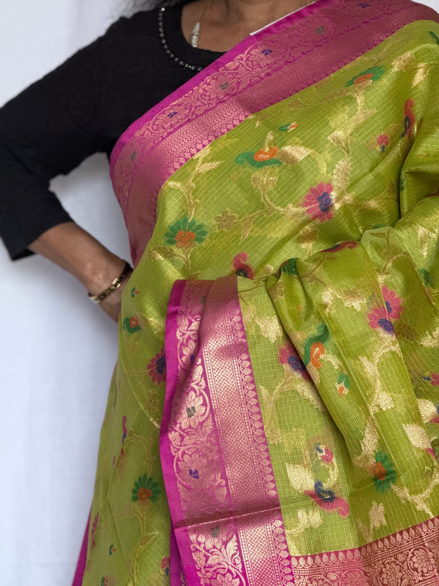 Semi Kota Silk saree - Green & Pink