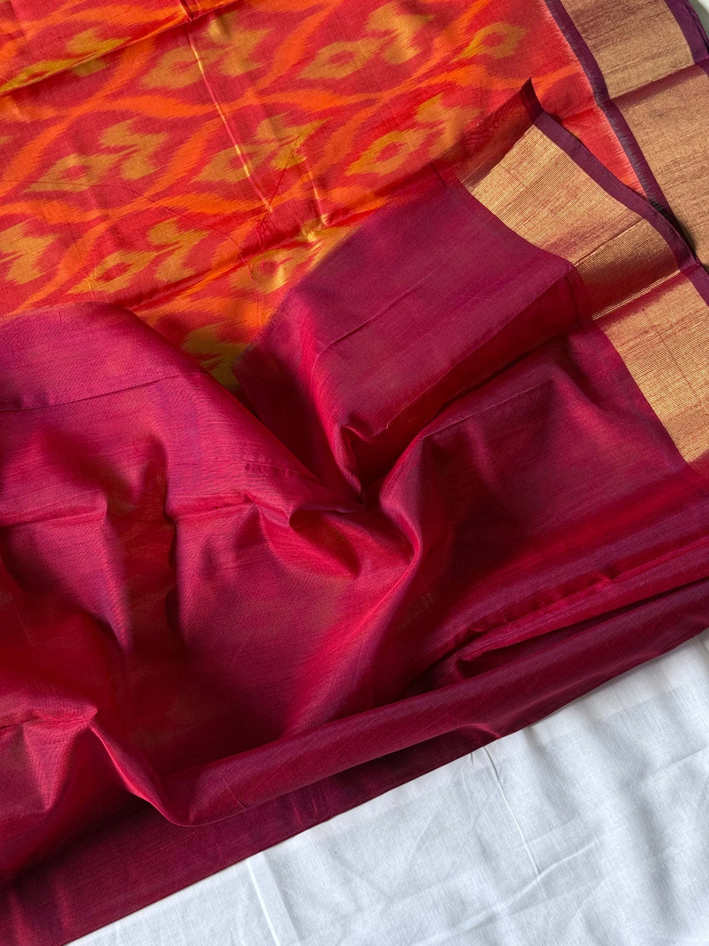 Ikat Silk Cotton - Orange and Red saree
