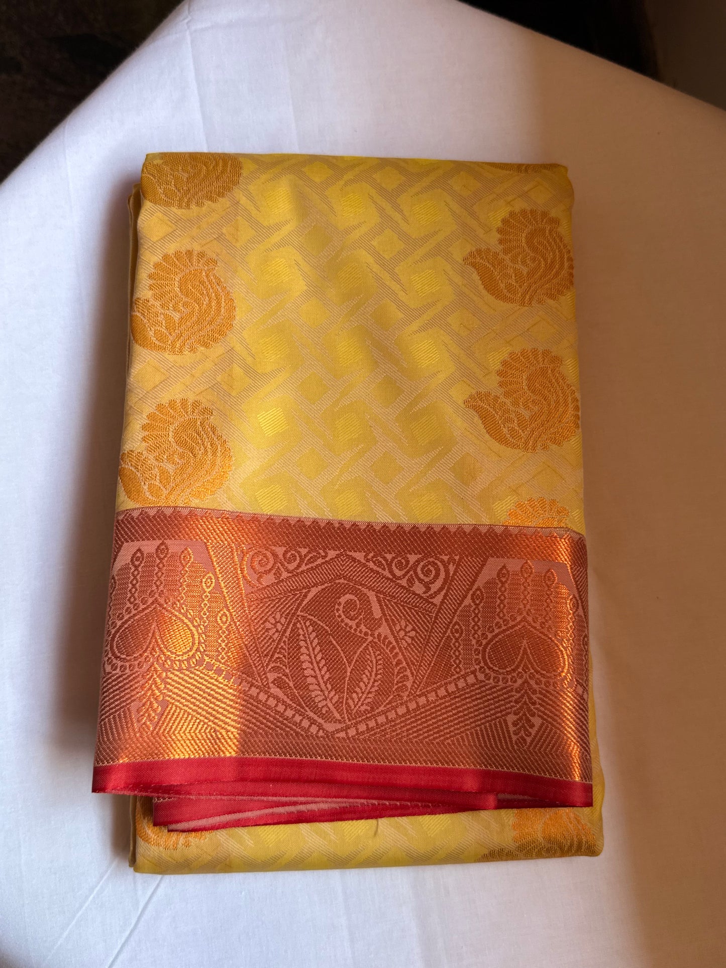 Chic Yellow & red semi silk saree