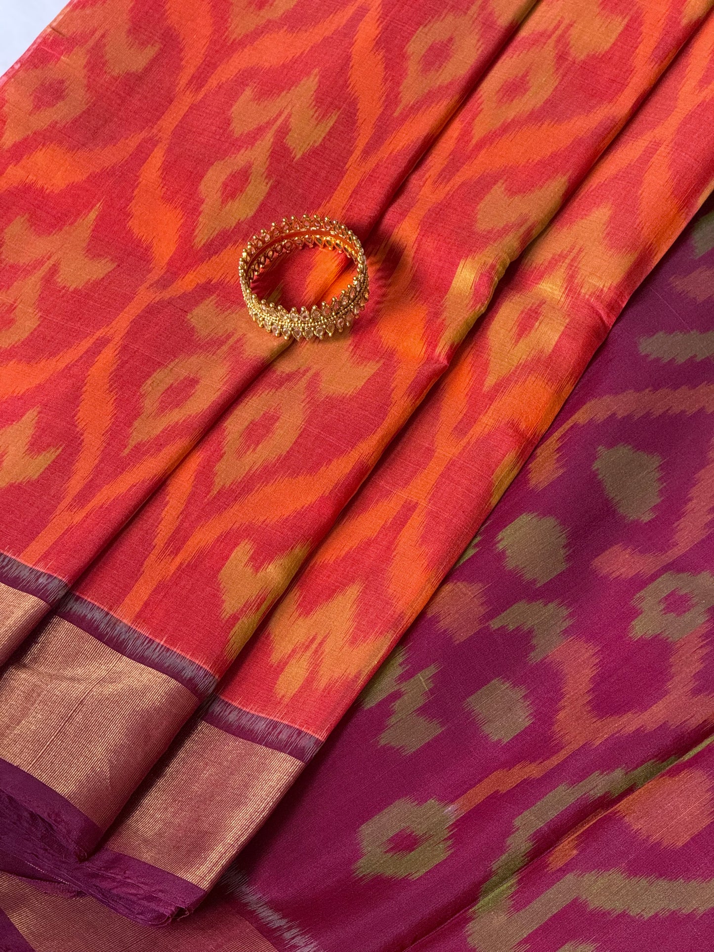 Ikat Silk Cotton - Orange and Red saree