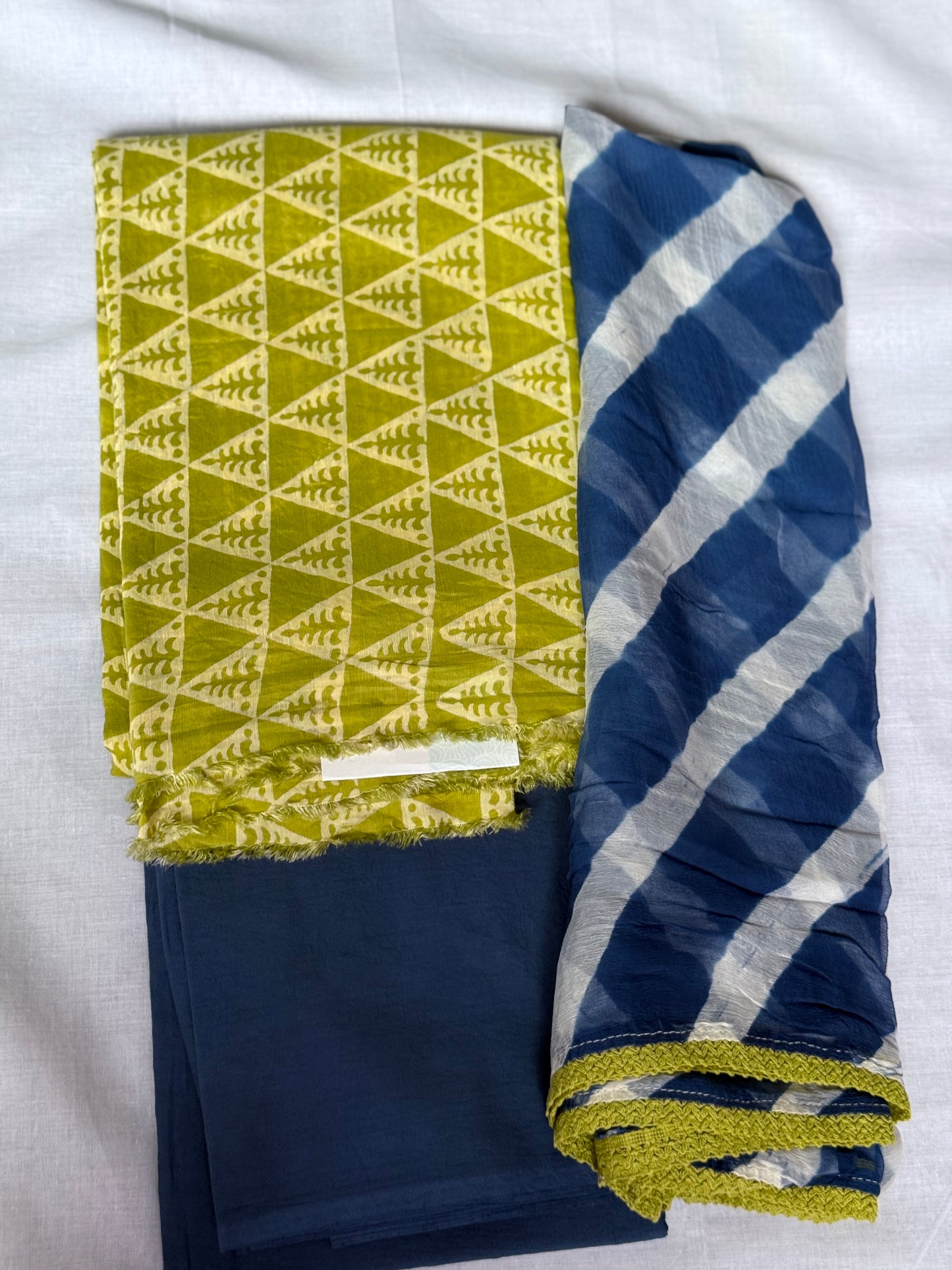 Unstitched green & blue cotton salwar suit