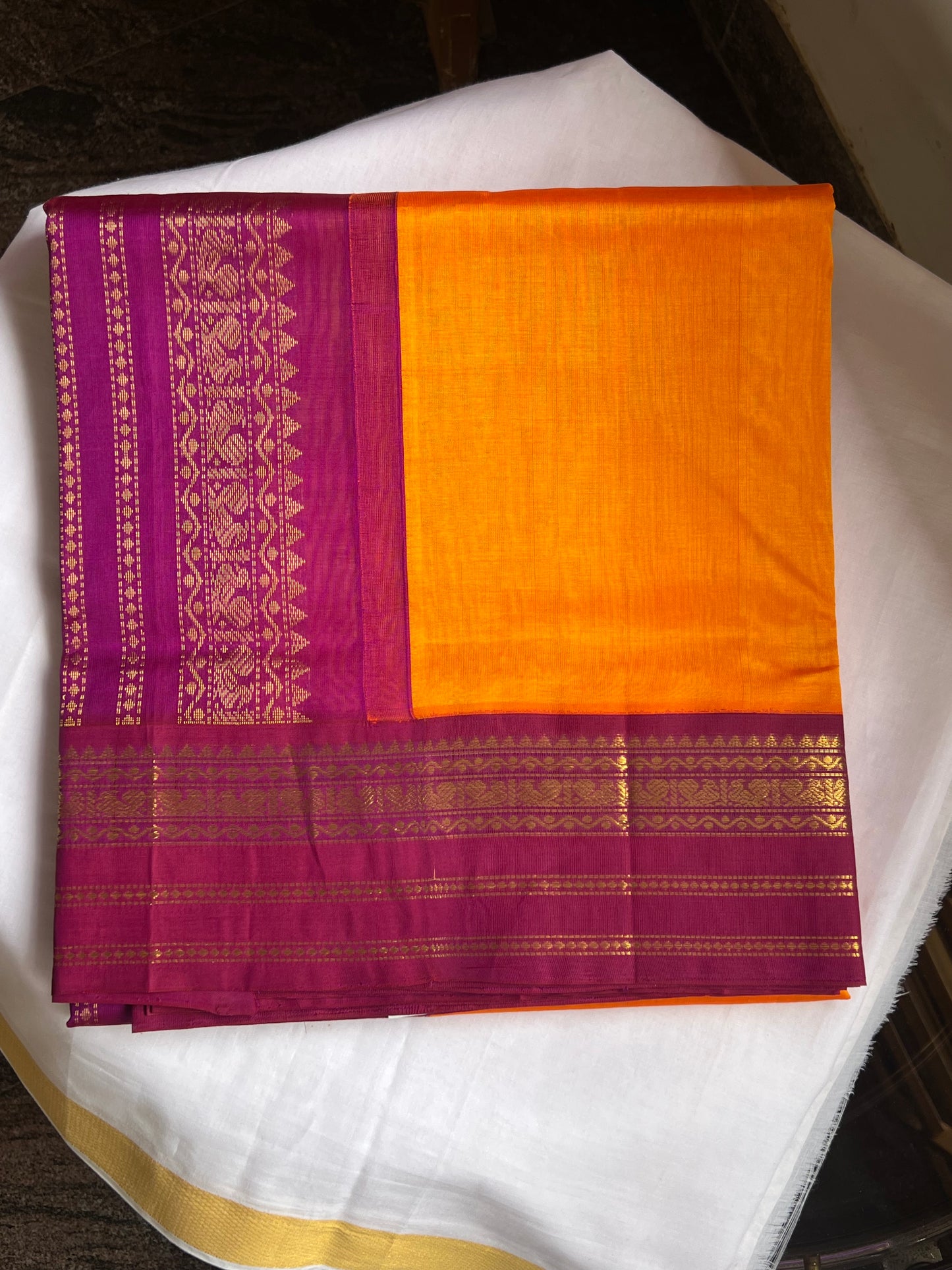Mango Orange Magenta kanchivaram silk cotton saree
