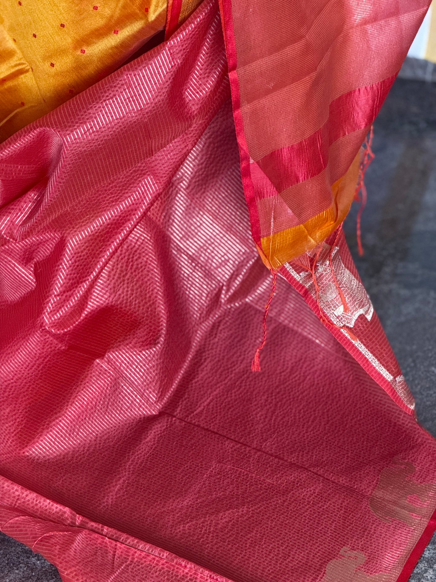 Semi tussar yellow & red saree