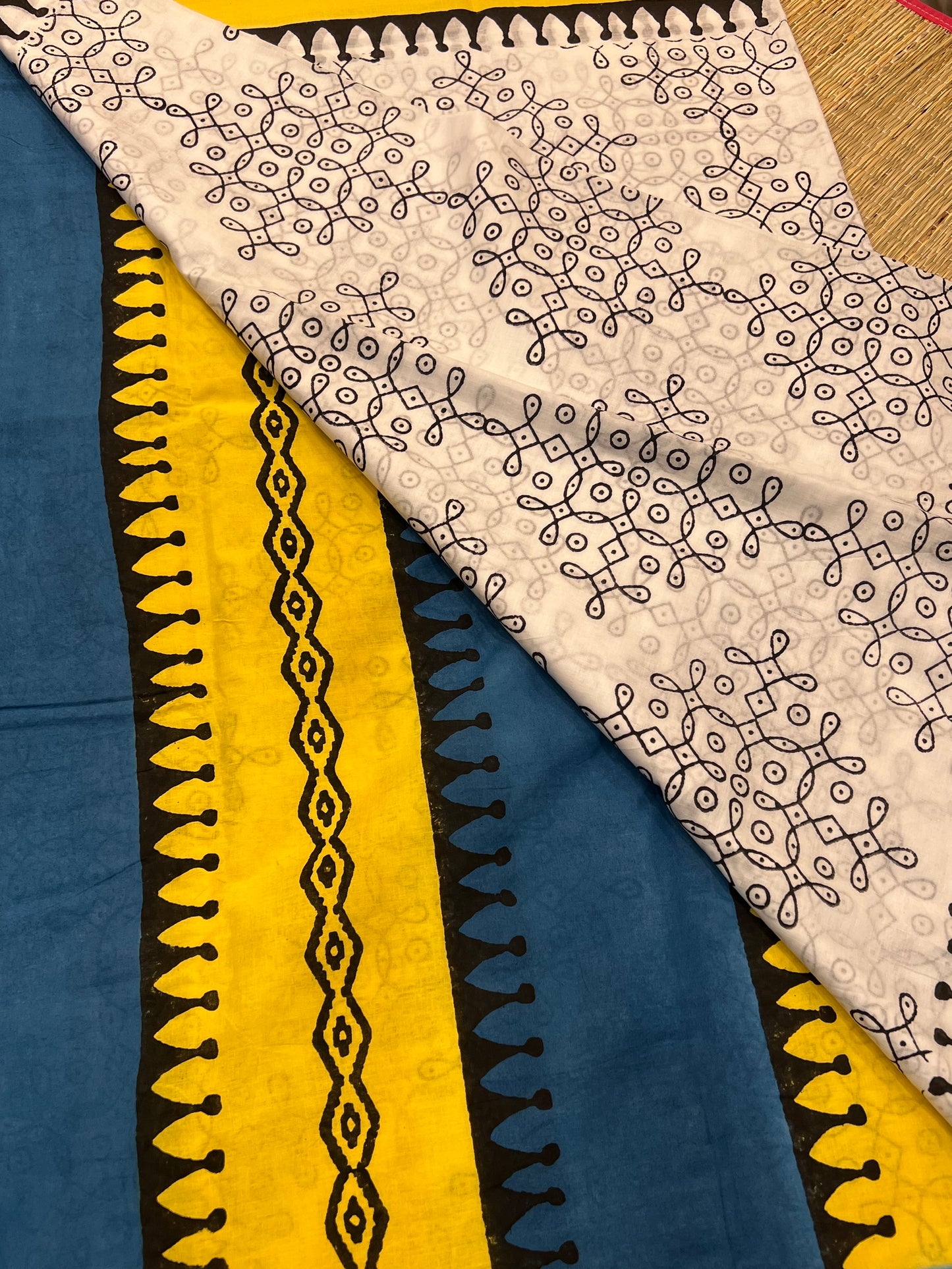 Yellow blue mul cotton saree