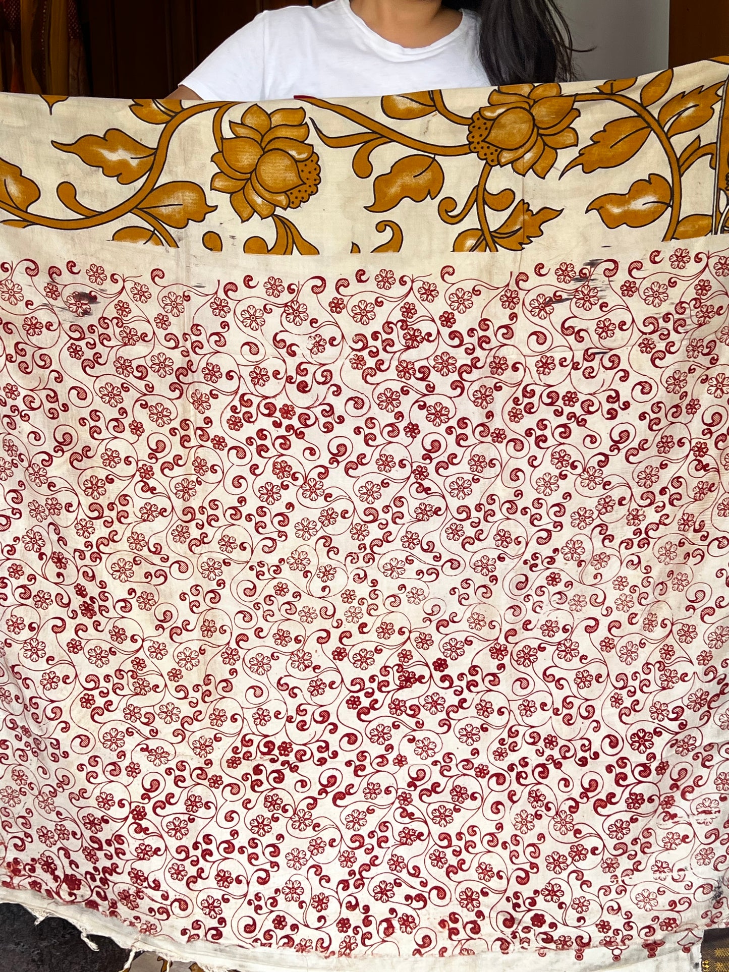 Beige mustard Kalamkari chinnur silk saree