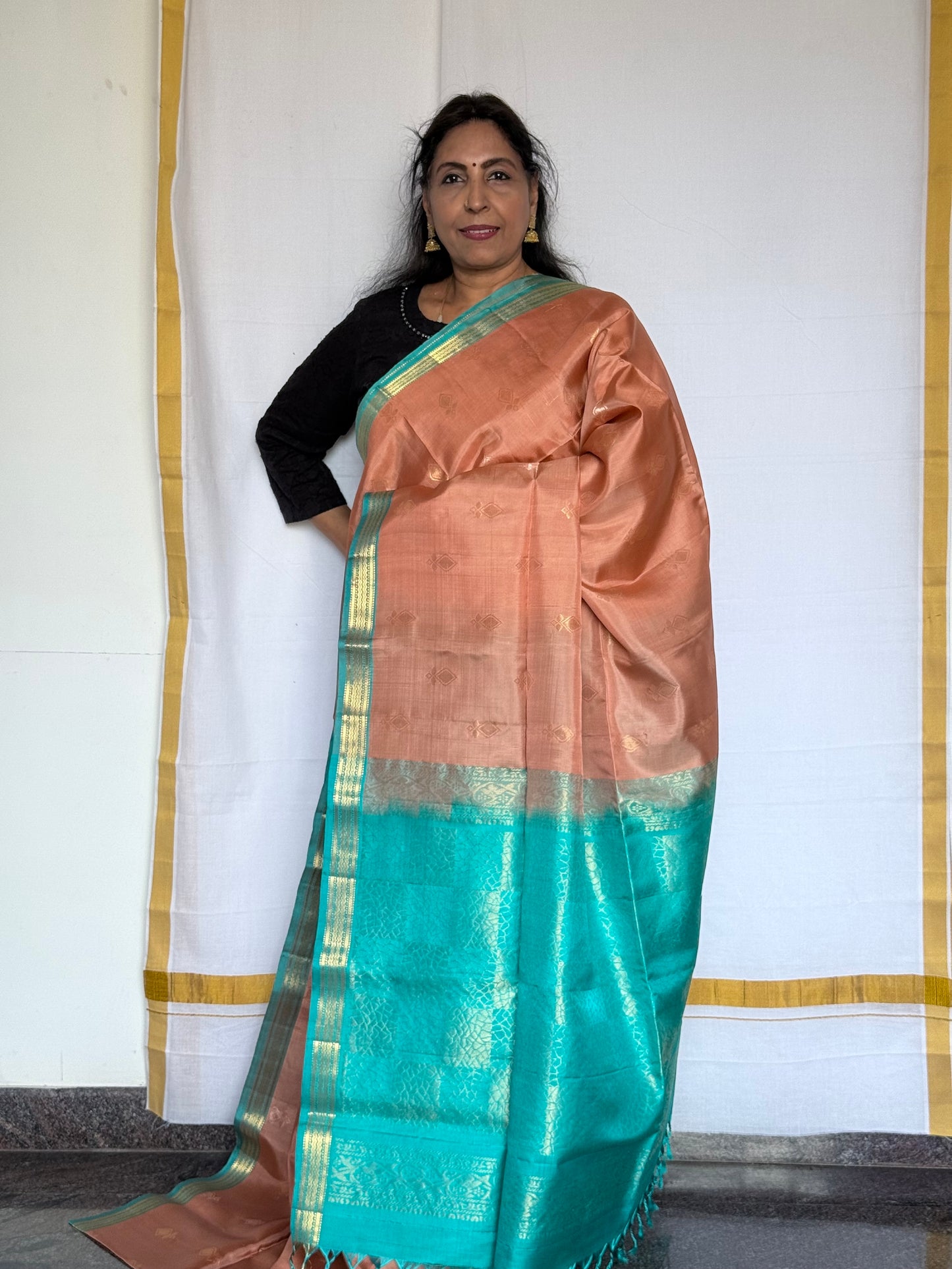 Soft silk saree - Peach & Blue