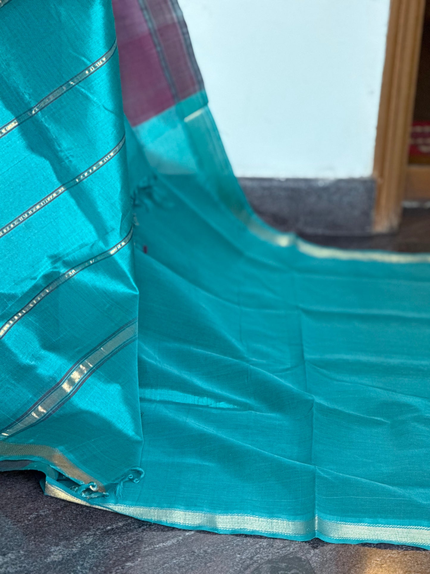 Maroon silk cotton with blue pallu