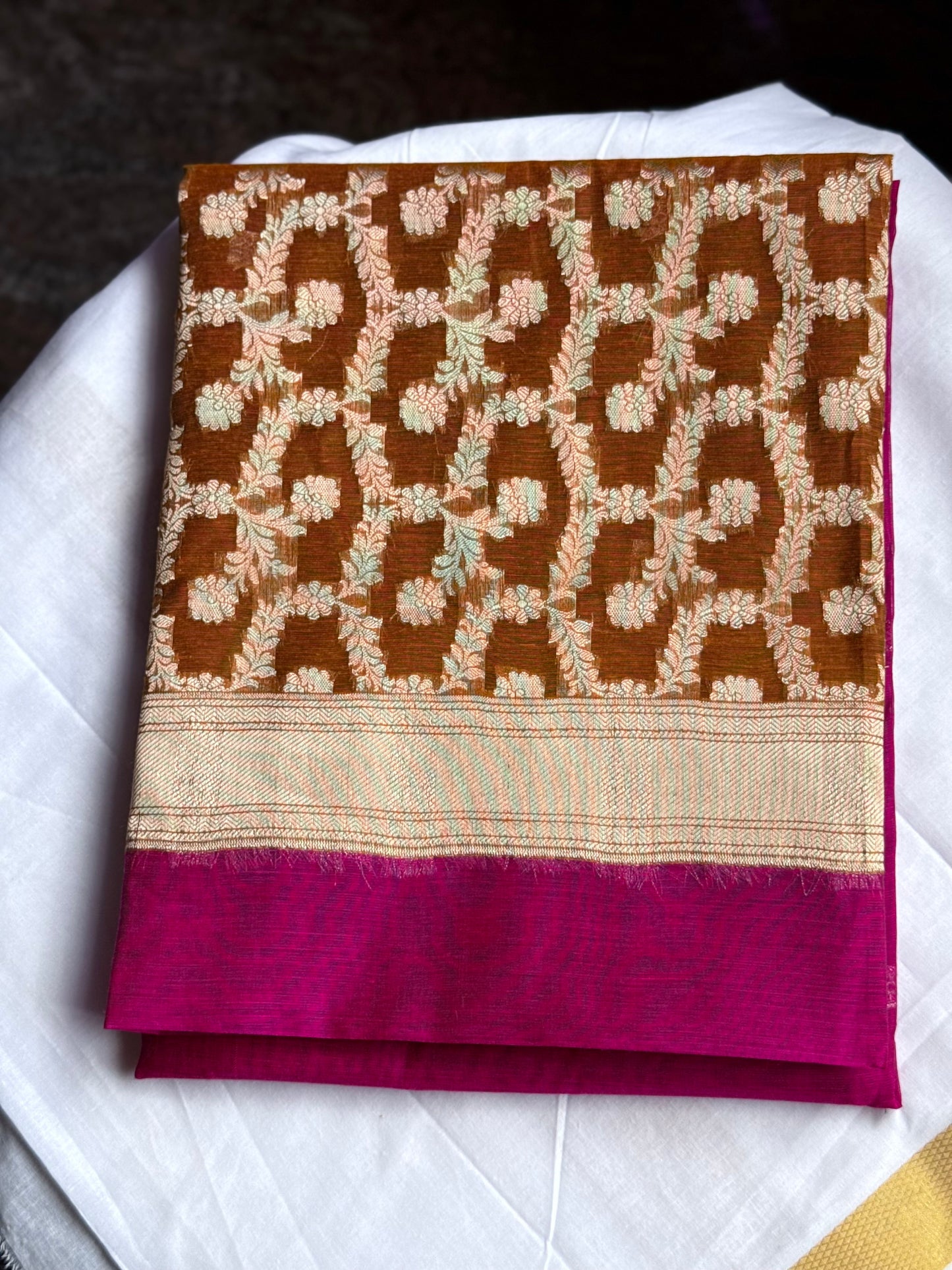 Semi Silk Cotton saree - Pink & Mustard