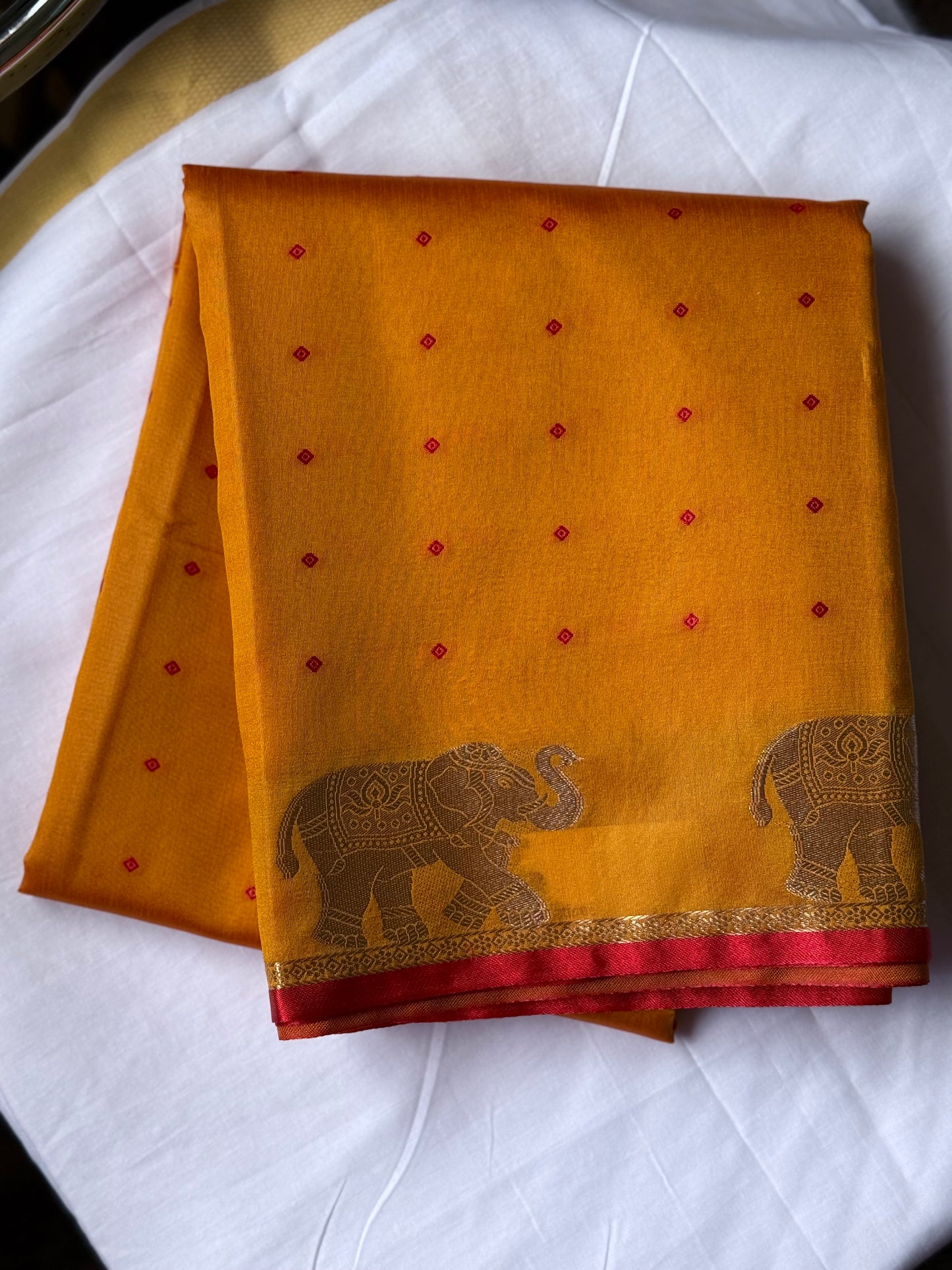 Semi tussar yellow & red saree