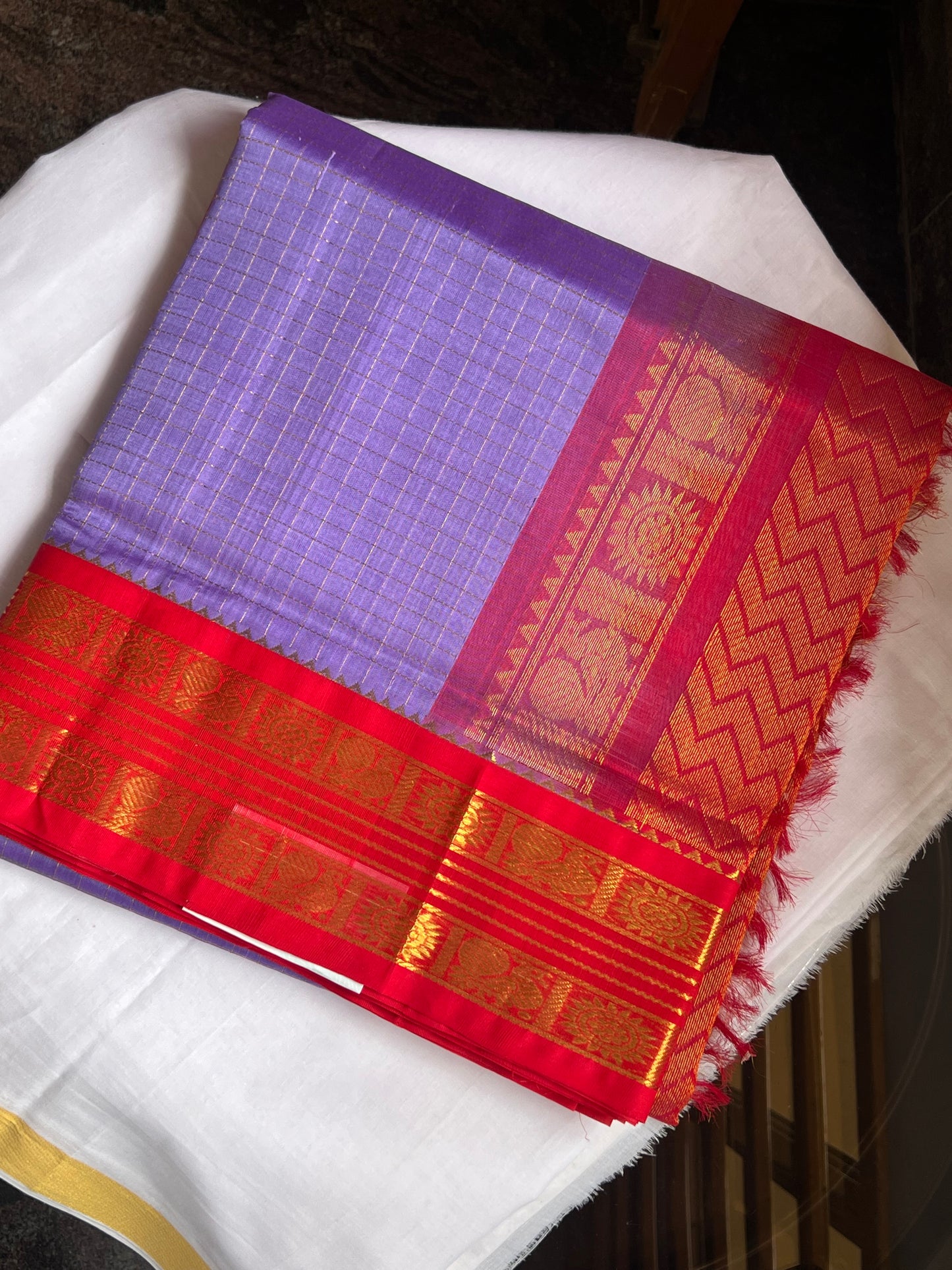 Lilac and Red korwai silk cotton saree