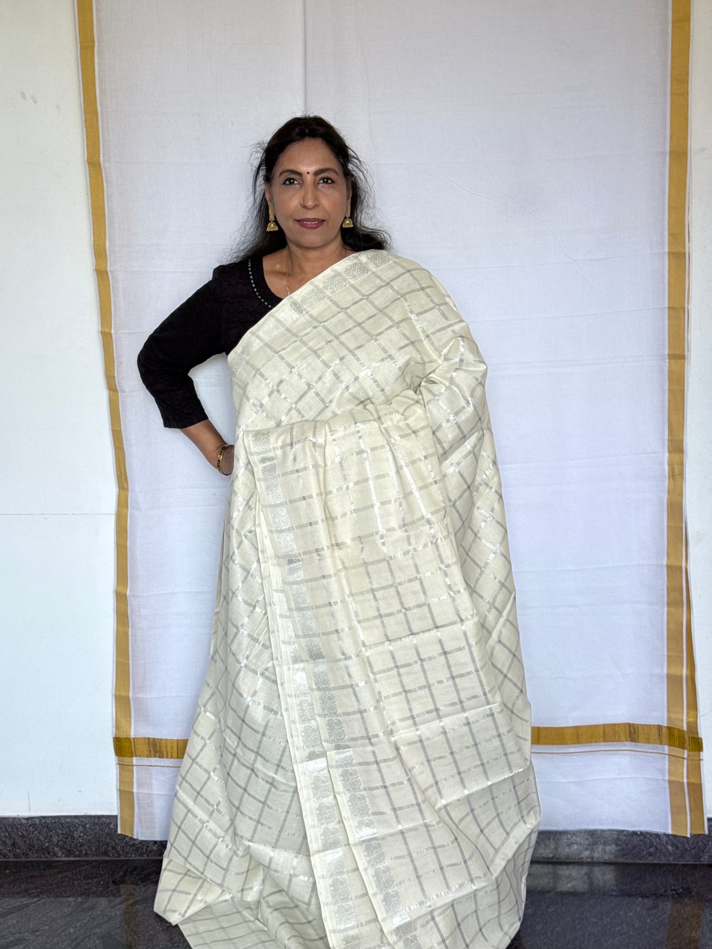 White and silver check - onam special