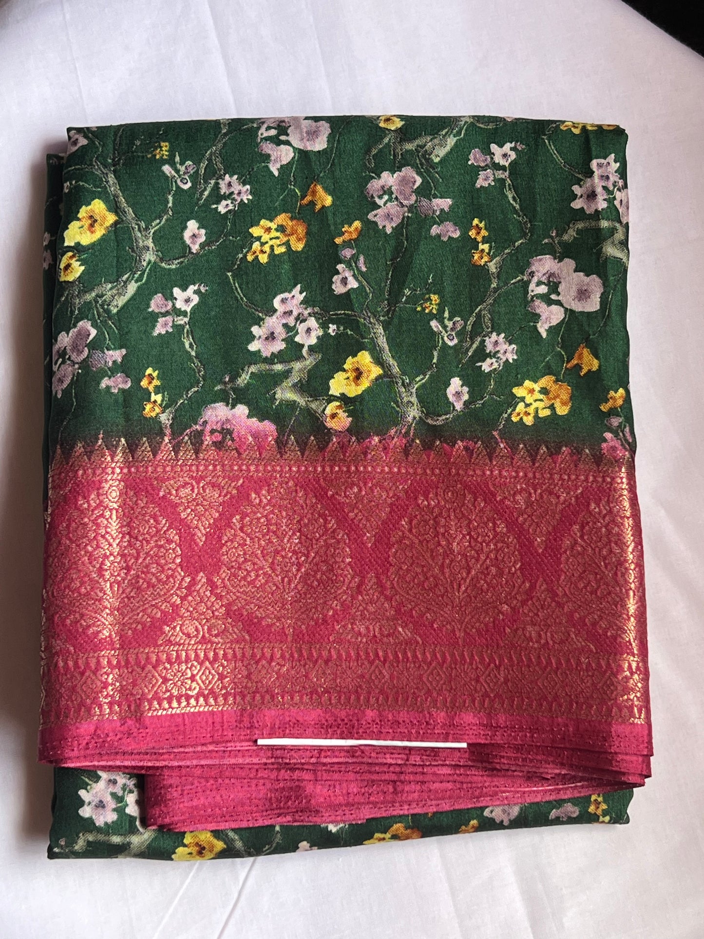 Dark green semi printed crepe saree