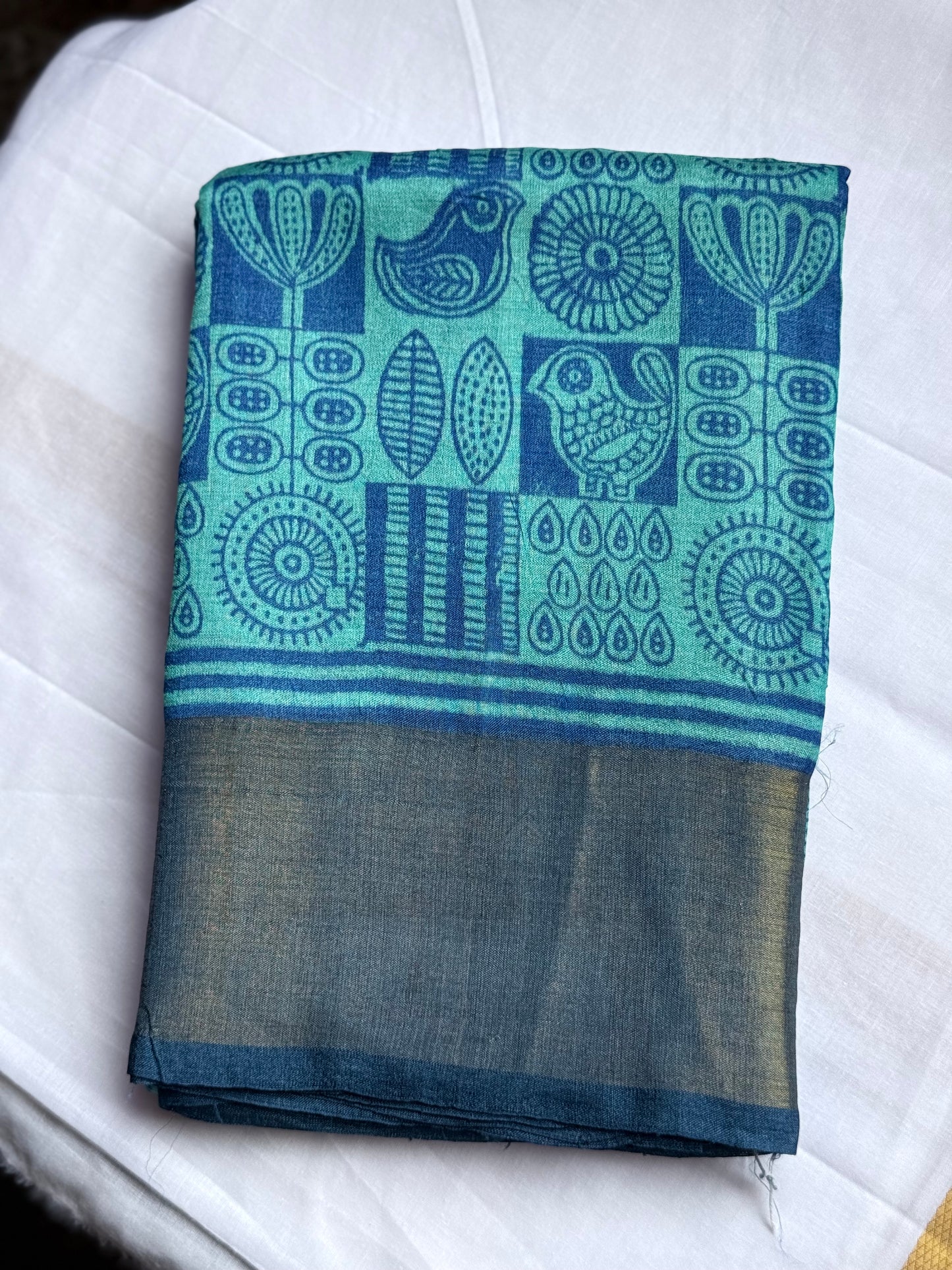 Printed Tussar saree - Blue