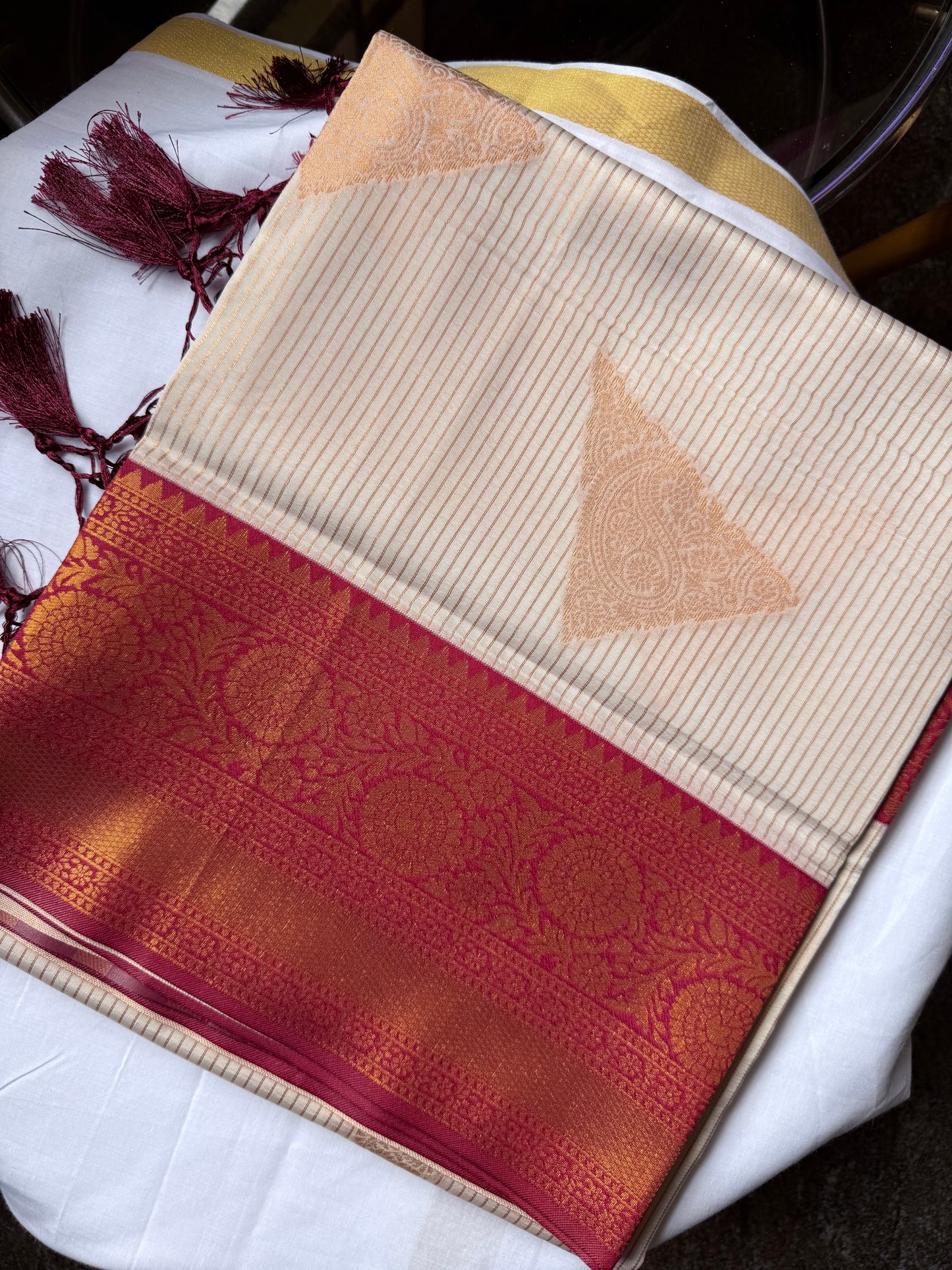 Semi Soft Silk Saree – White & Red (Onam Special)