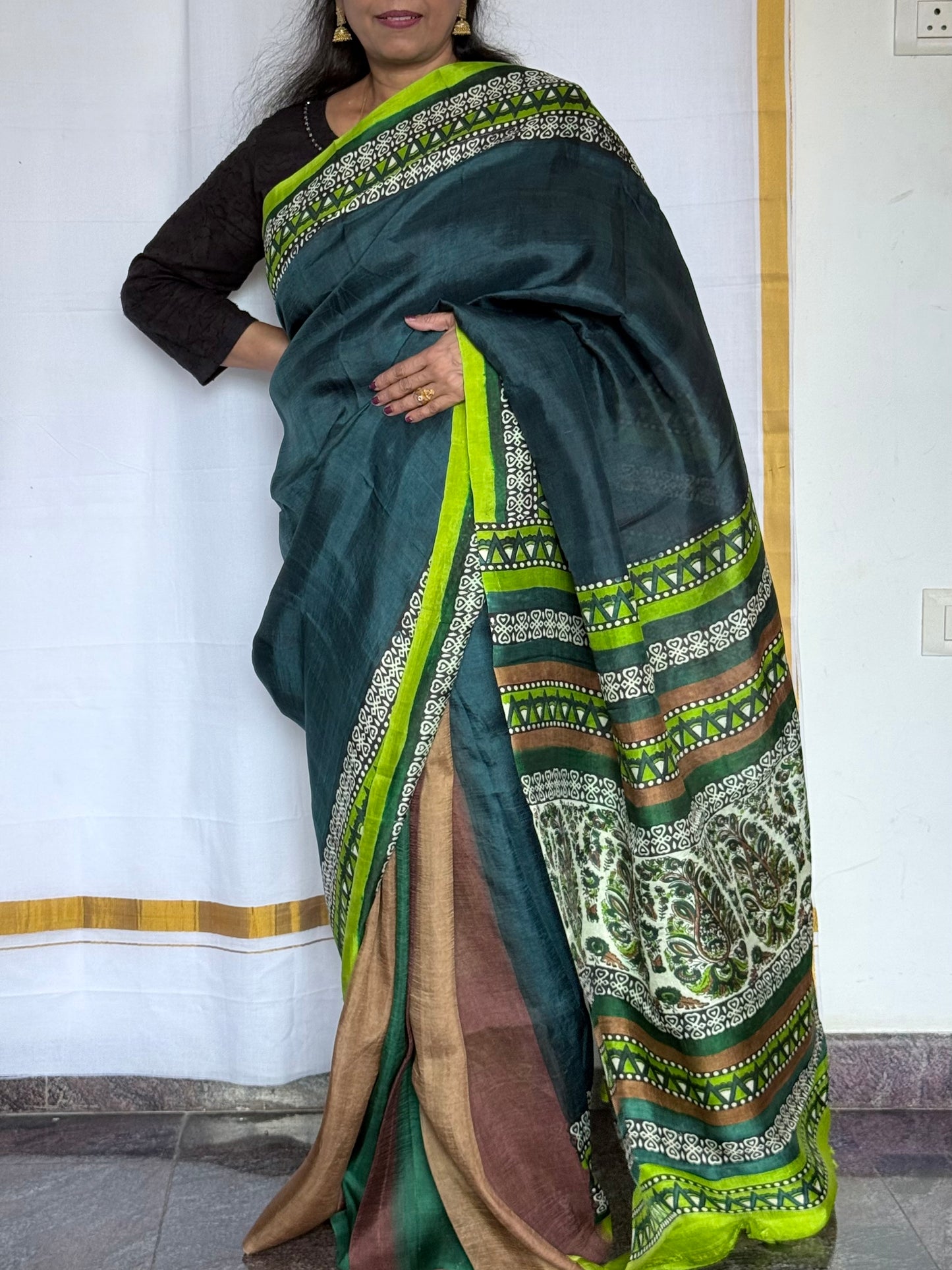Murshidabad Silk saree - Green Partly Pallu
