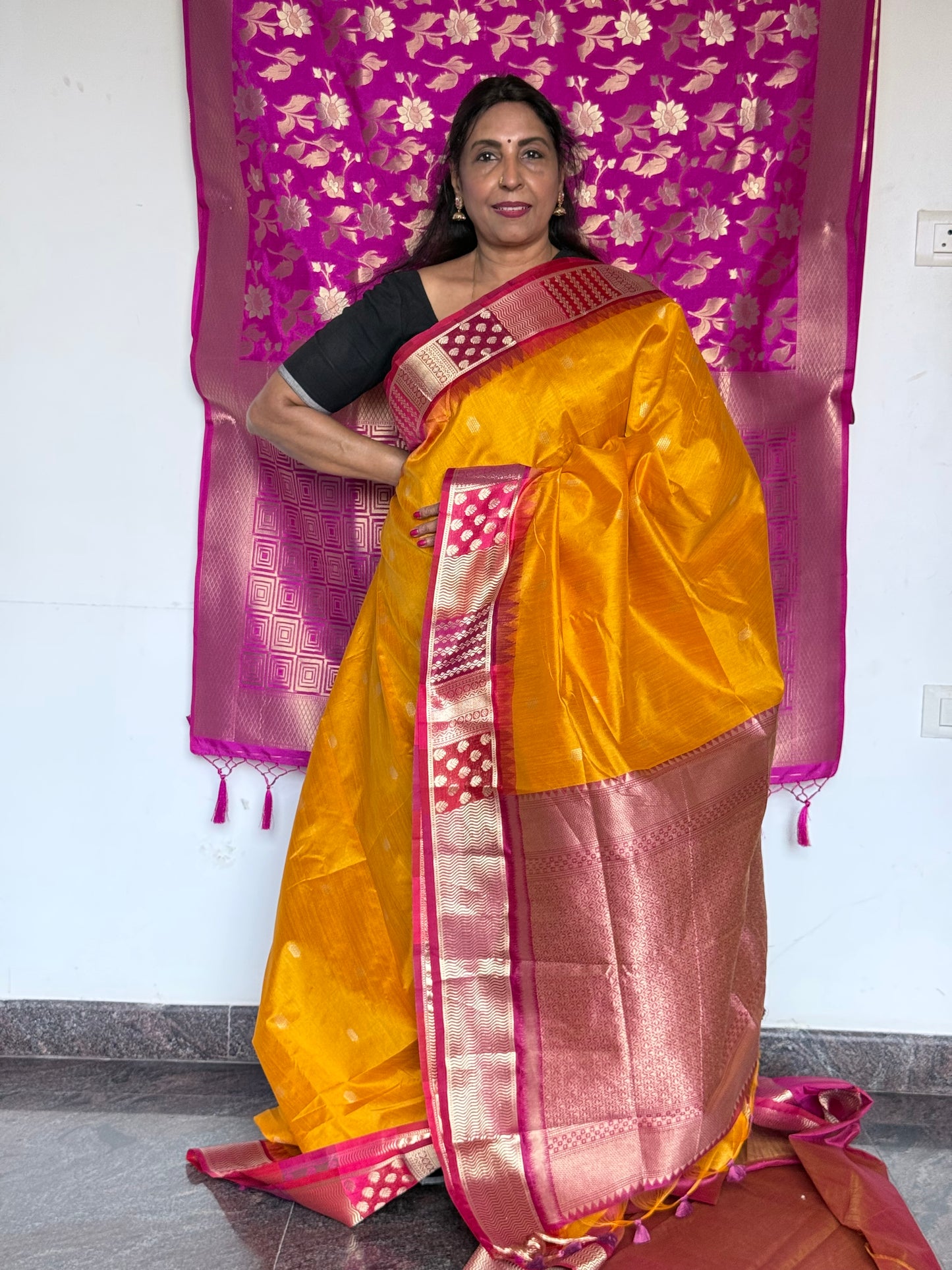 Yellow semi raw silk saree