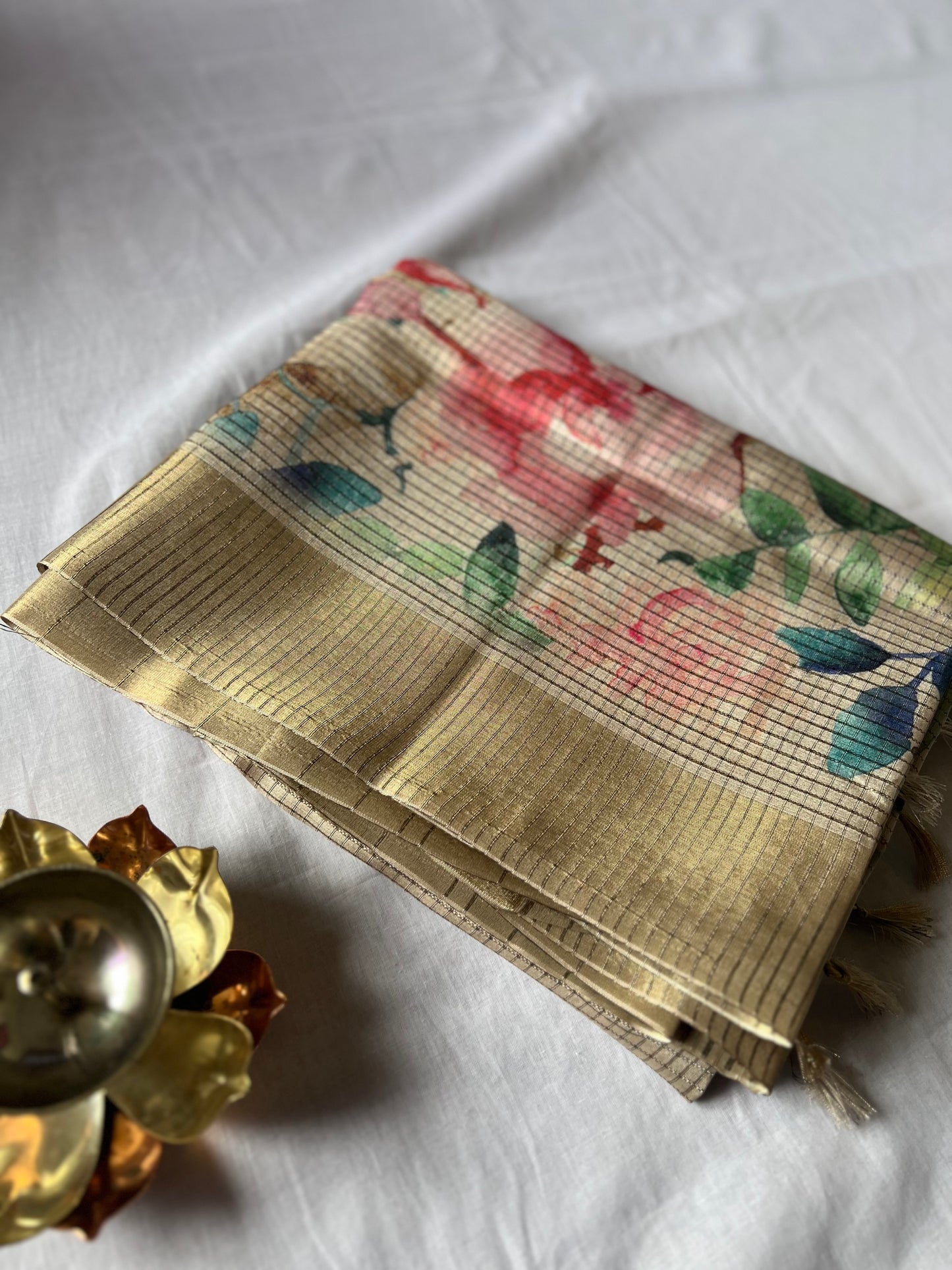 Beige checked semi tussar silk saree