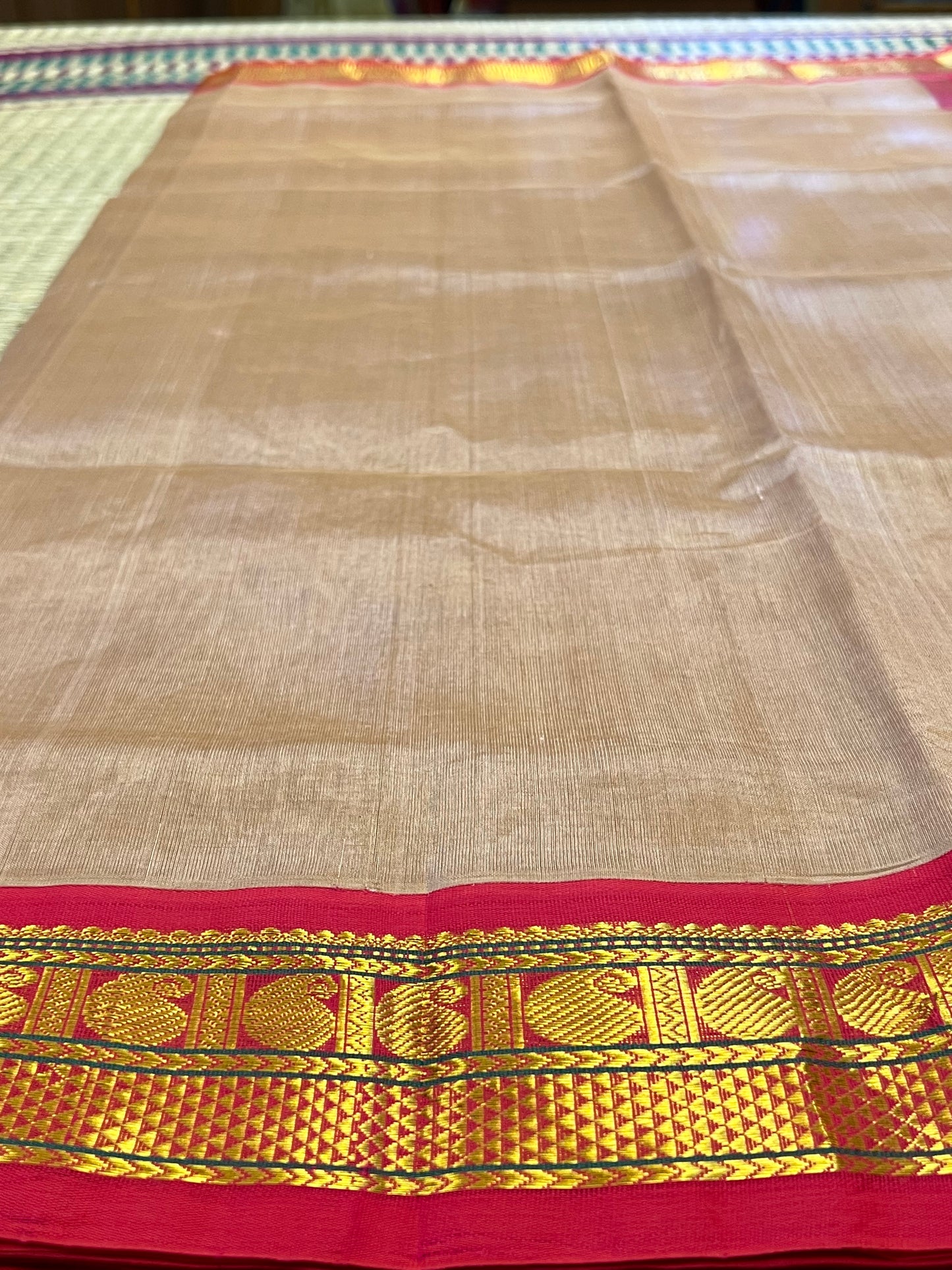 Beige & pink silk cotton saree