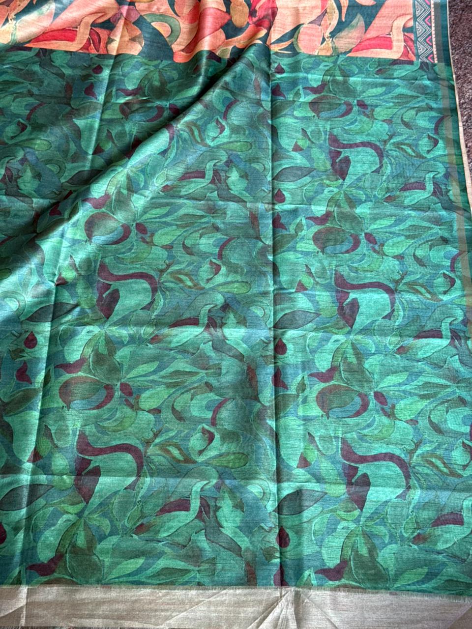 Dark turquoise & Pink Floral semi Tussar silk