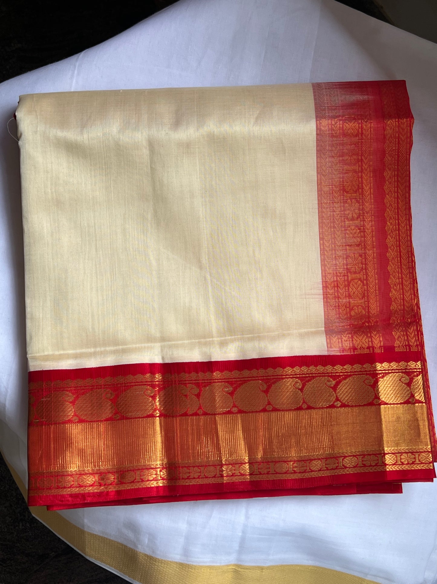 Cream and red kanchivaram silk cotton saree