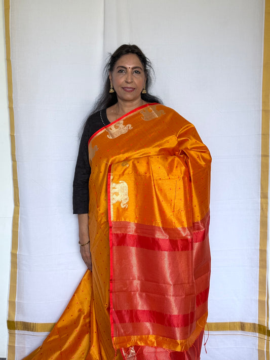 Semi tussar yellow & red saree
