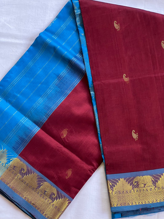 Blue and brown semi silk cotton saree