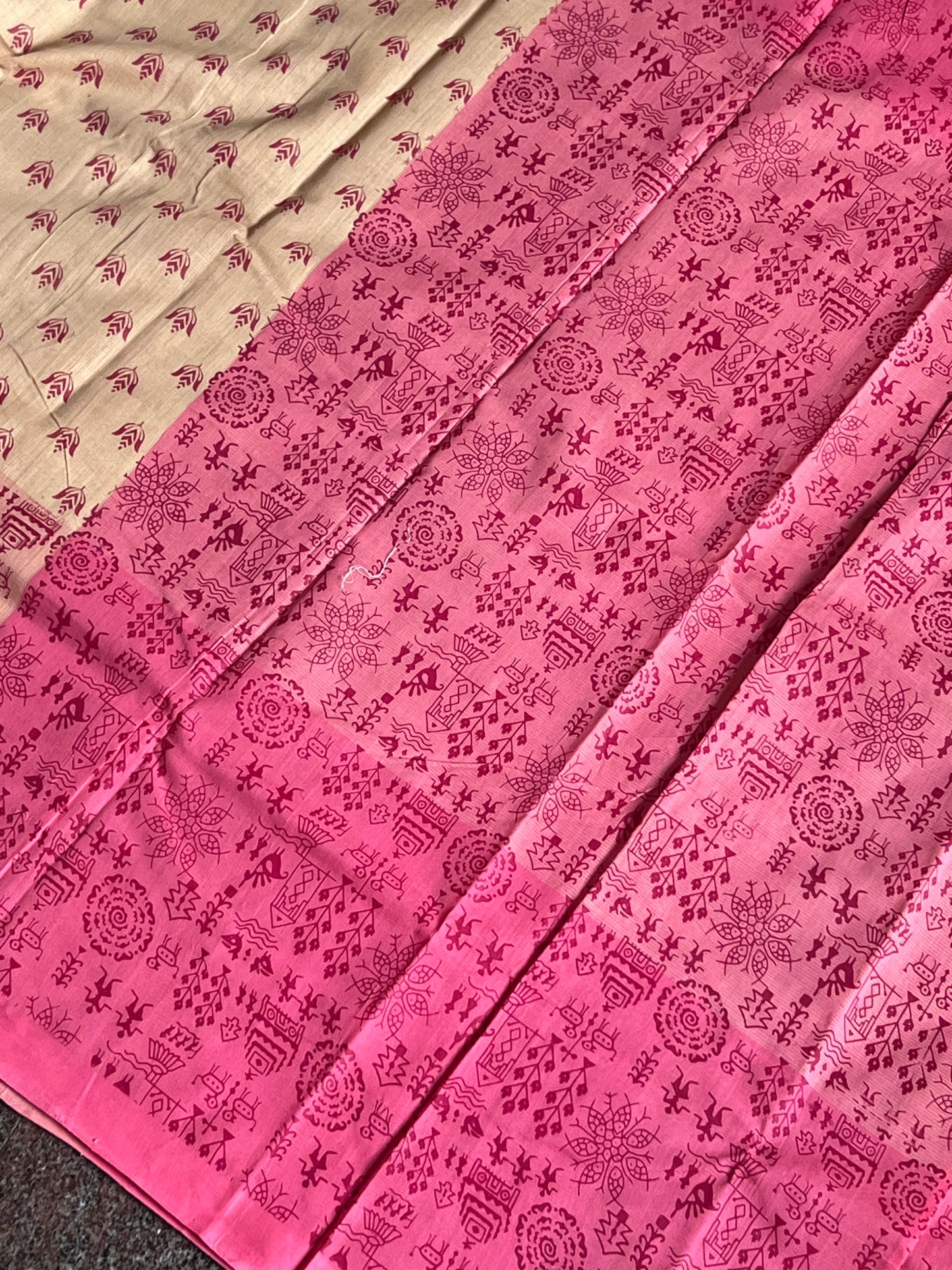 Beige & Pink mangalagiri printed cotton saree