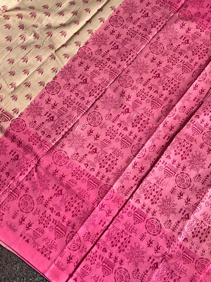 Beige & Pink mangalagiri printed cotton saree