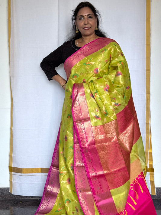 Semi Kota Silk saree - Green & Pink