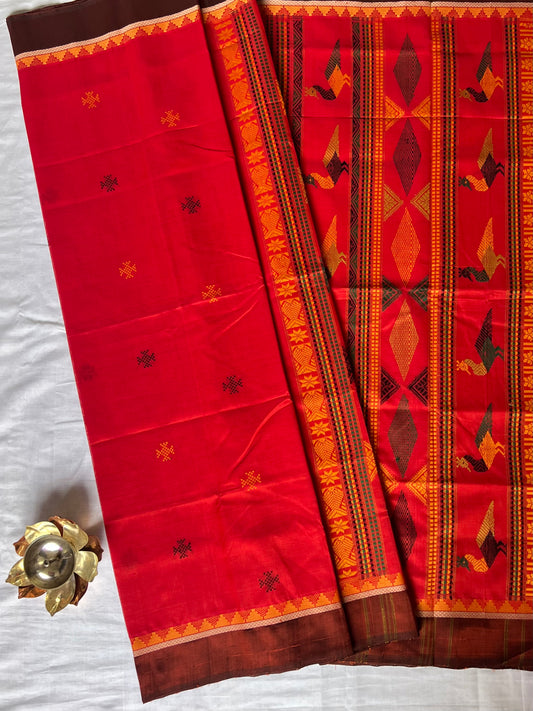 Thread work Silk Cotton saree - Red