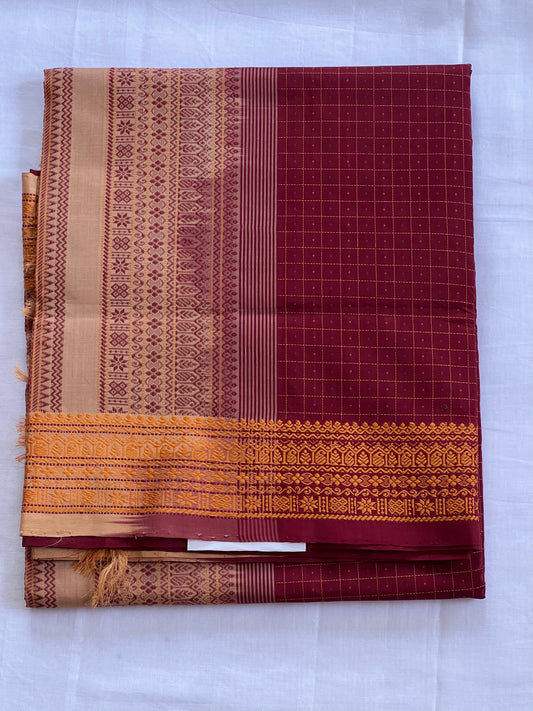 Checked maroon semi silk cotton saree