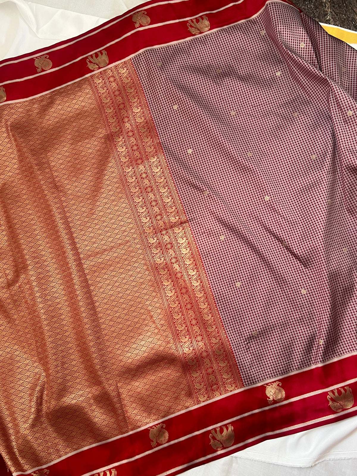 Red checks semi silk saree