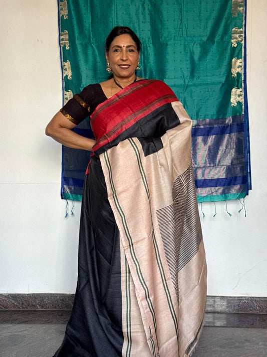Monochrome & Red Geometric Tussar silk