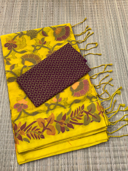 Yellow jamdani cotton saree