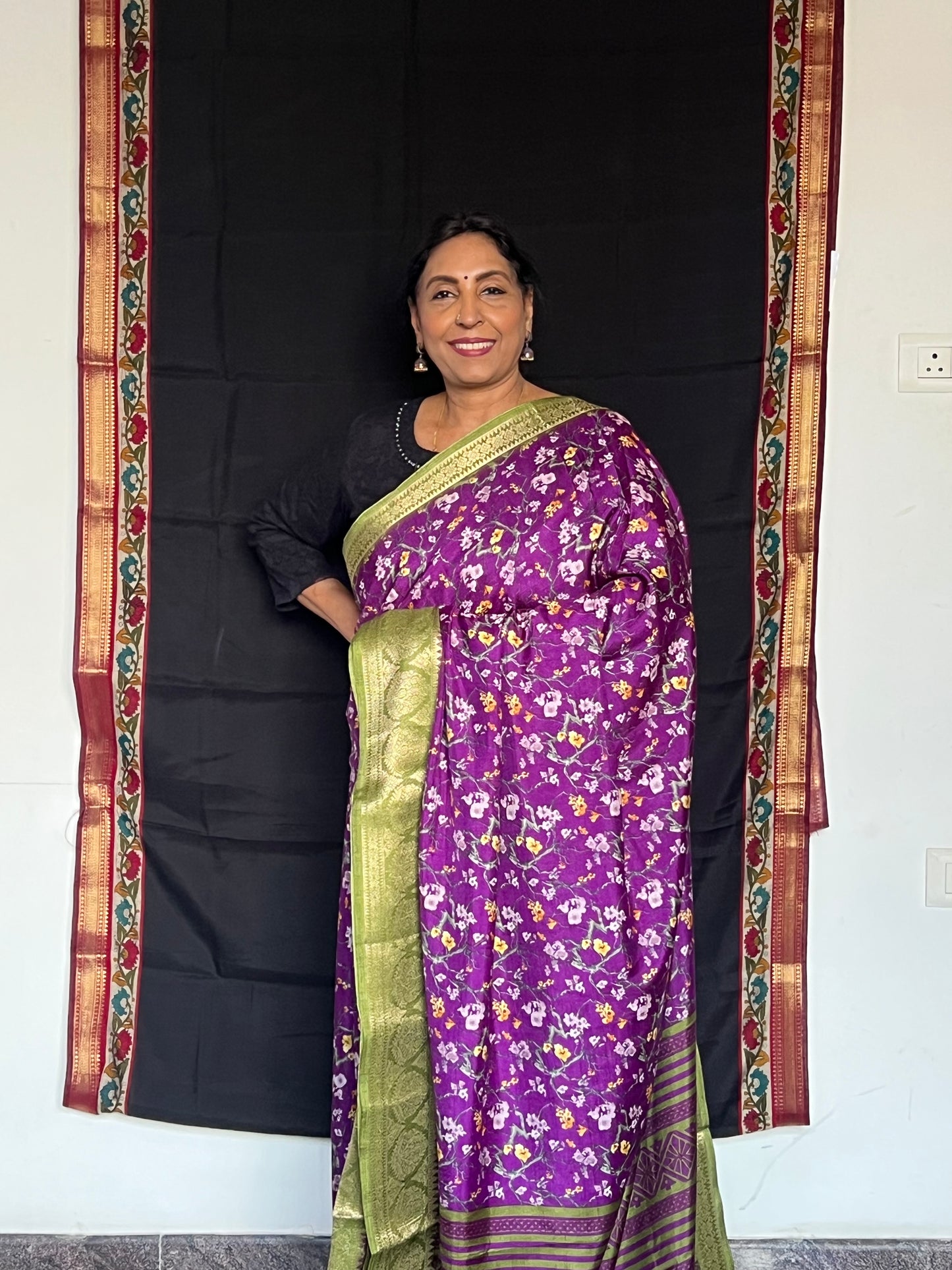 Purple semi printed Crepe saree