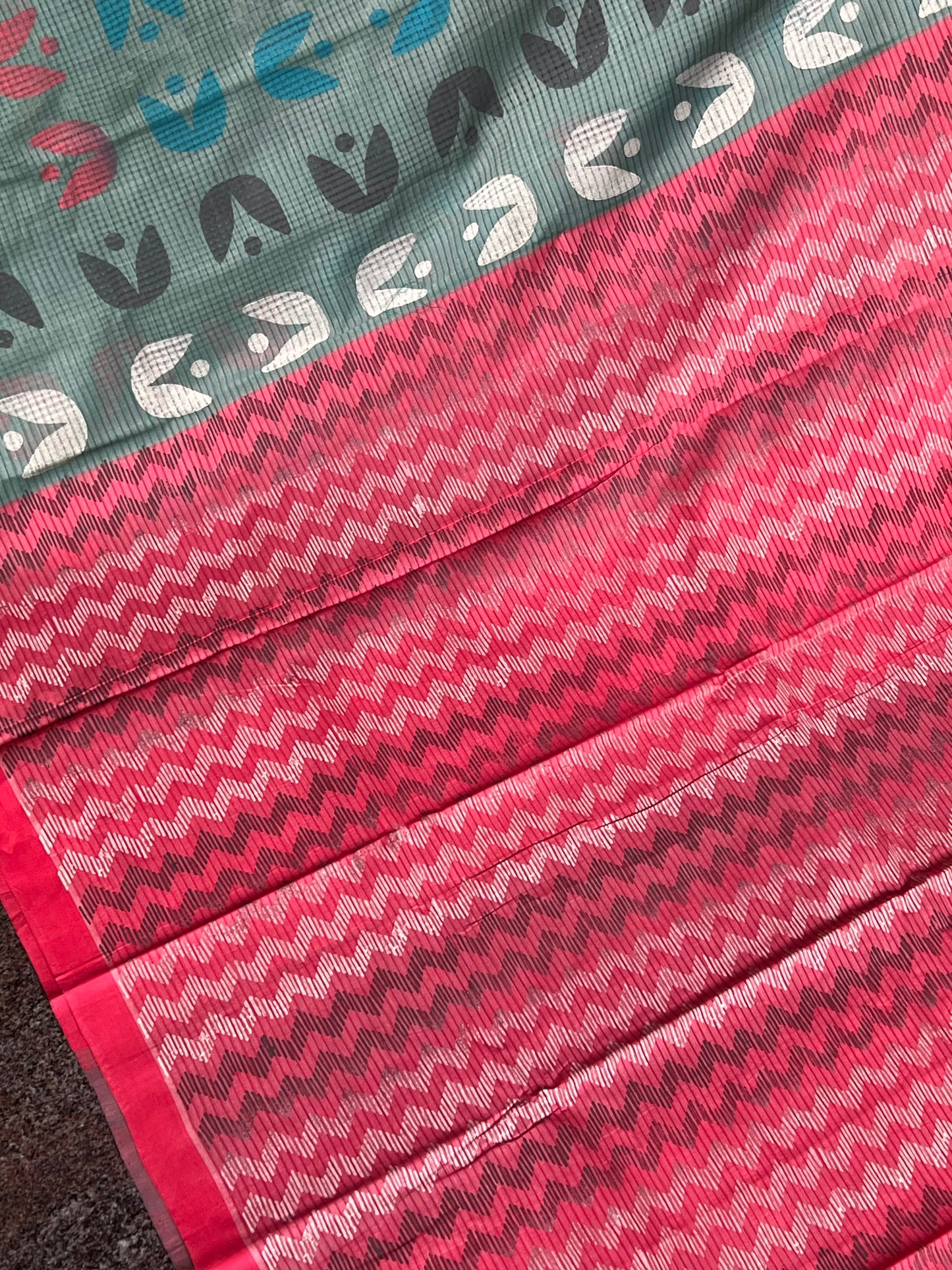 Teal mangalagiri block printed cotton saree